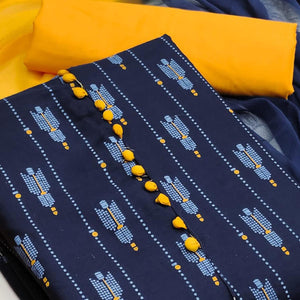 Navy Blue Printed Cotton Dress Material - Peachmode