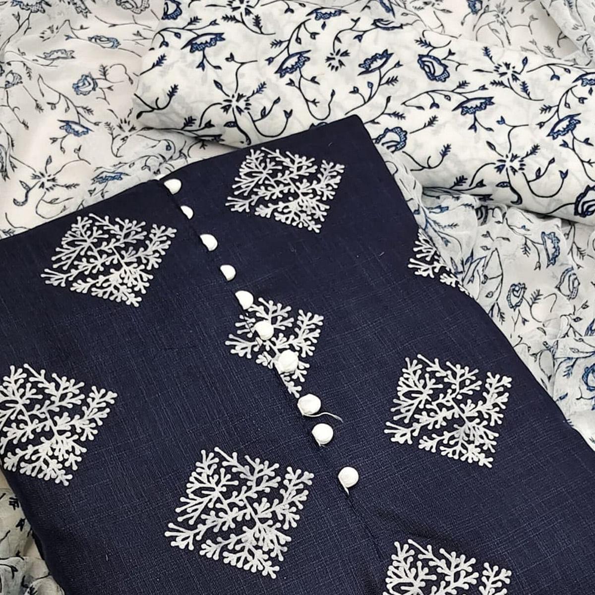 Navy Blue Printed Cotton Dress Material - Peachmode