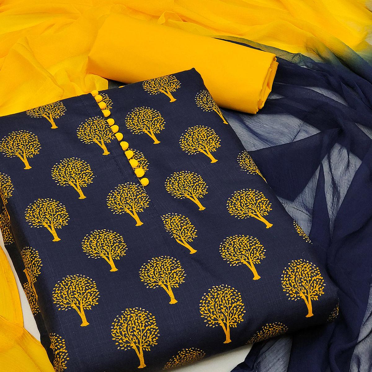 Navy Blue Printed Cotton Dress Material - Peachmode