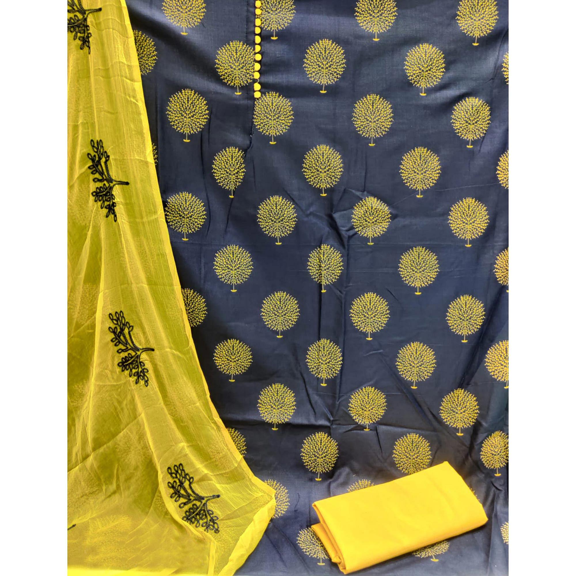 Navy Blue Printed Cotton Dress Material - Peachmode