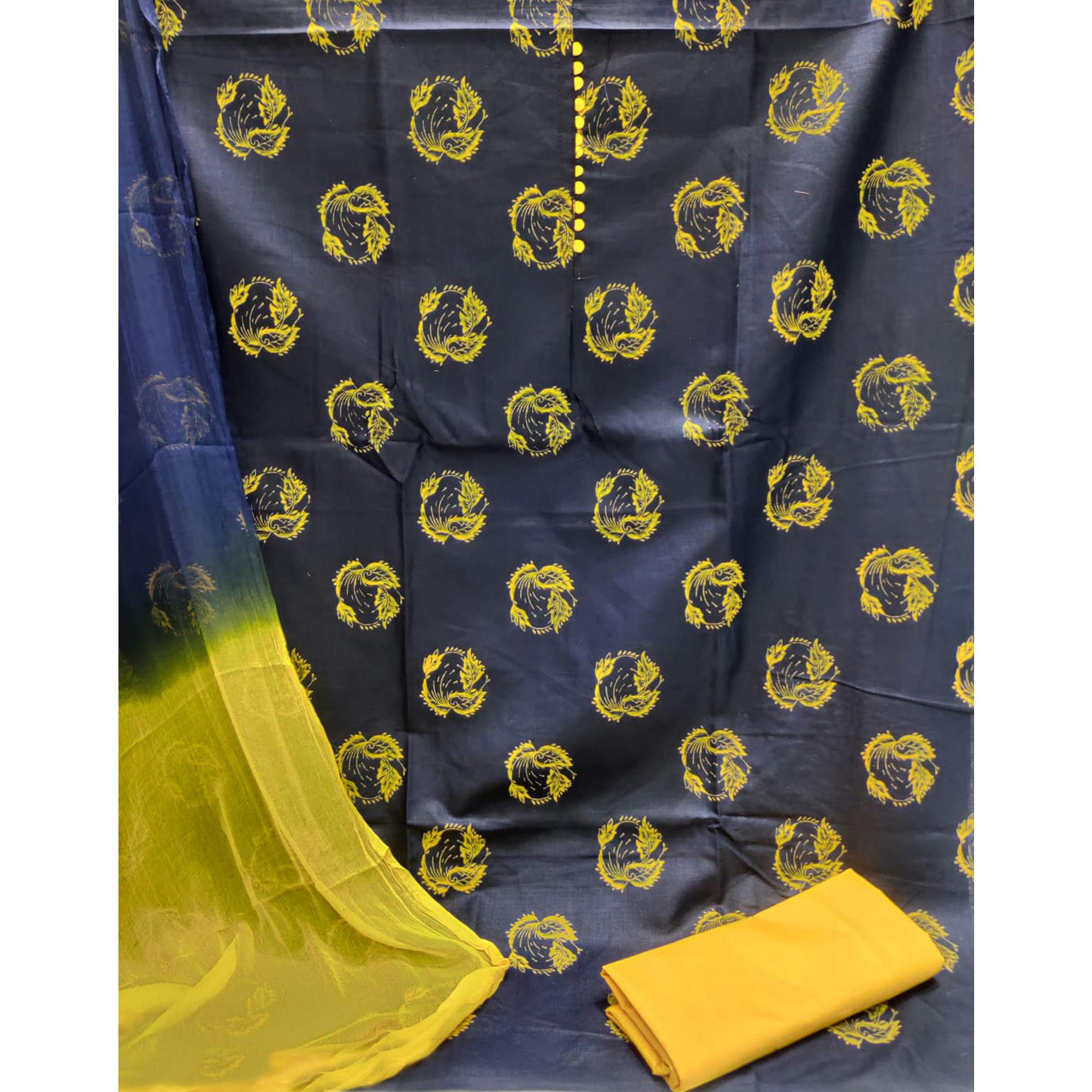 Navy Blue Printed Cotton Dress Material - Peachmode