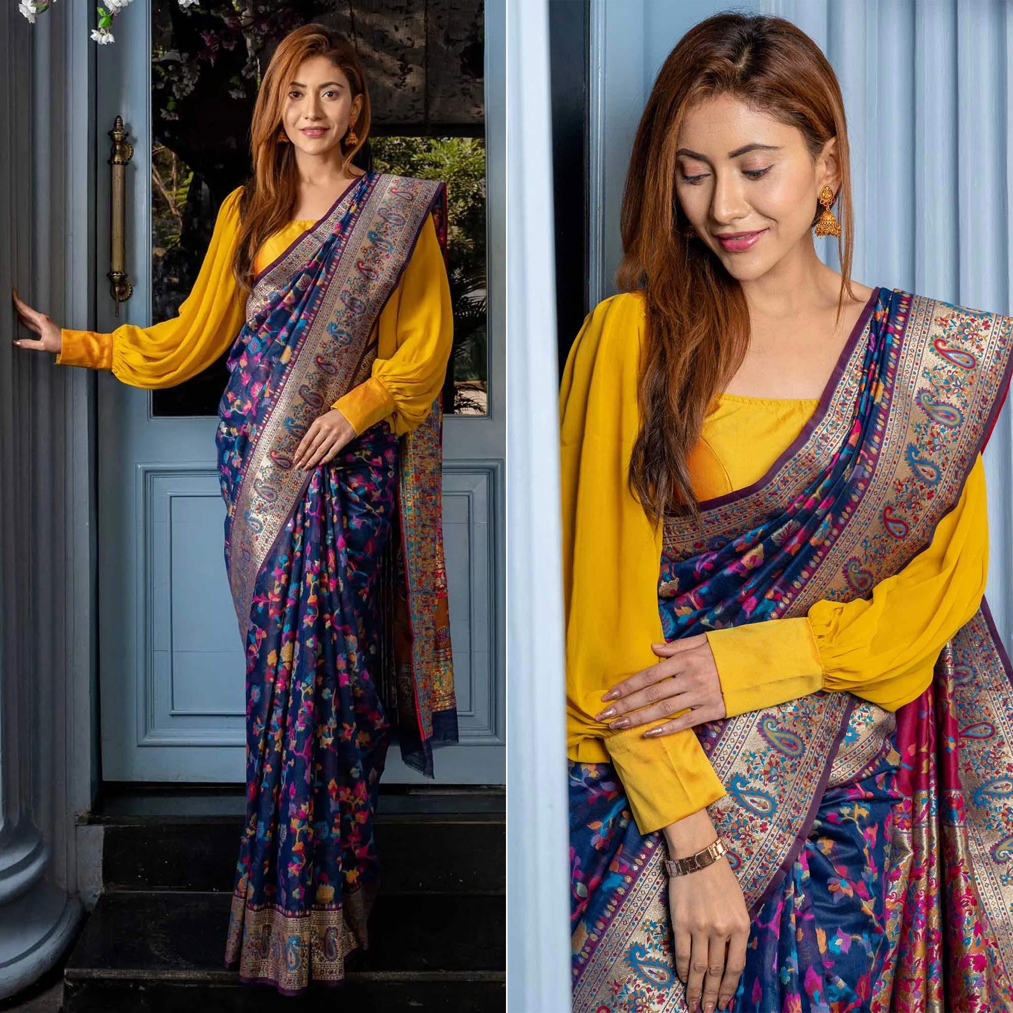 Navy Blue Printed Cotton Silk Saree - Peachmode
