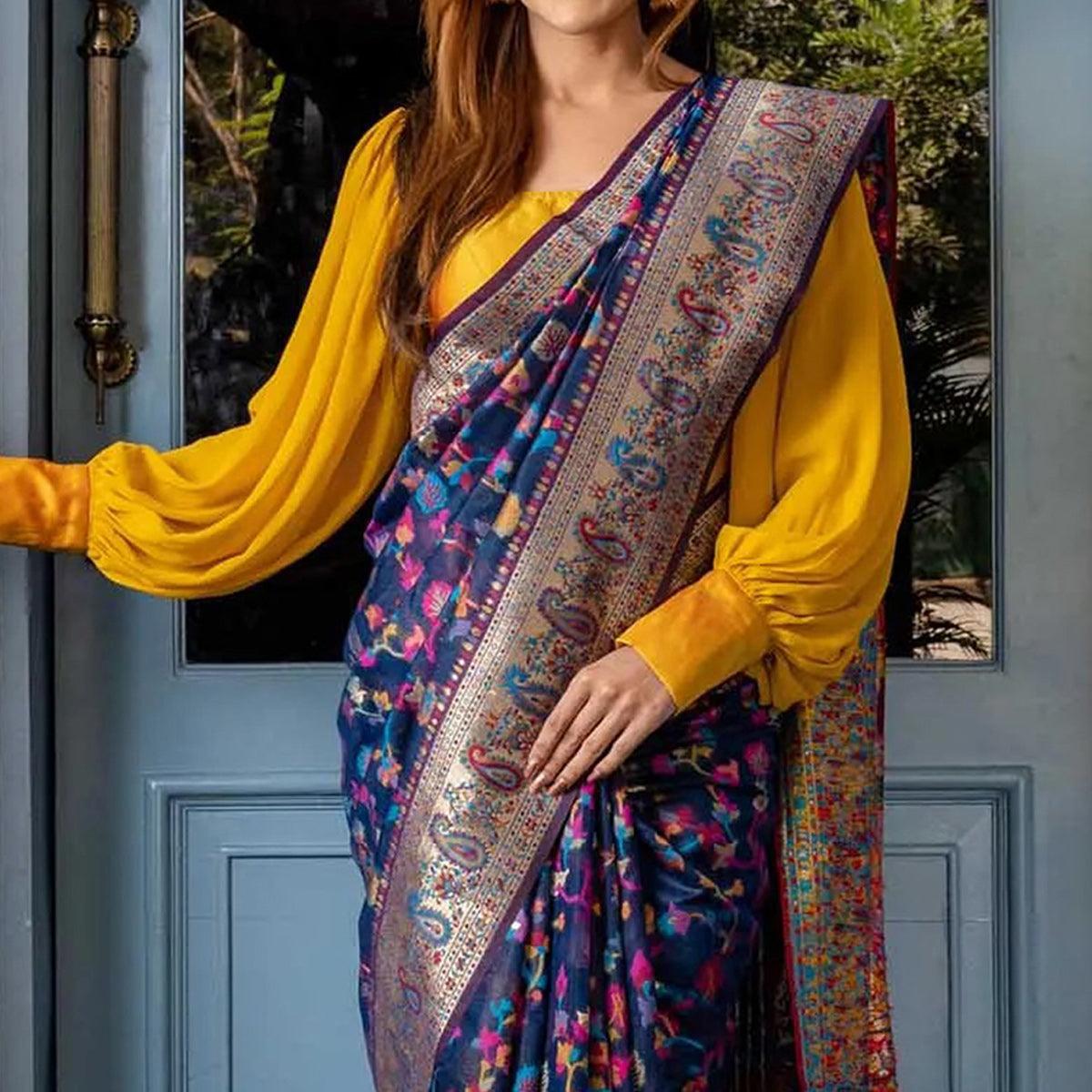 Navy Blue Printed Cotton Silk Saree - Peachmode