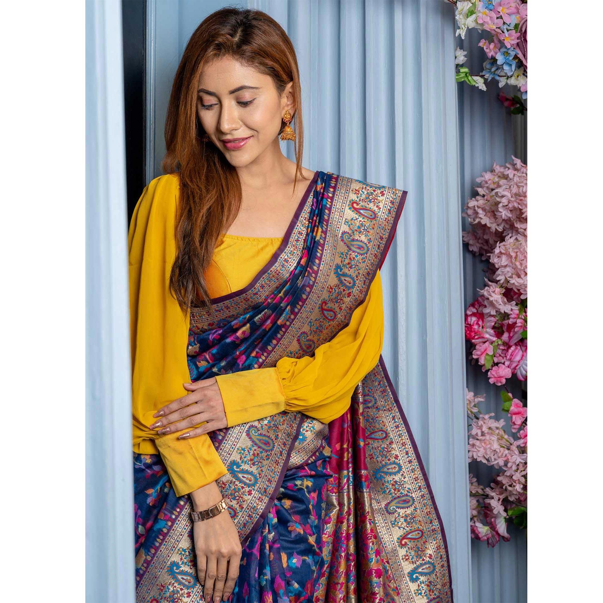 Navy Blue Printed Cotton Silk Saree - Peachmode