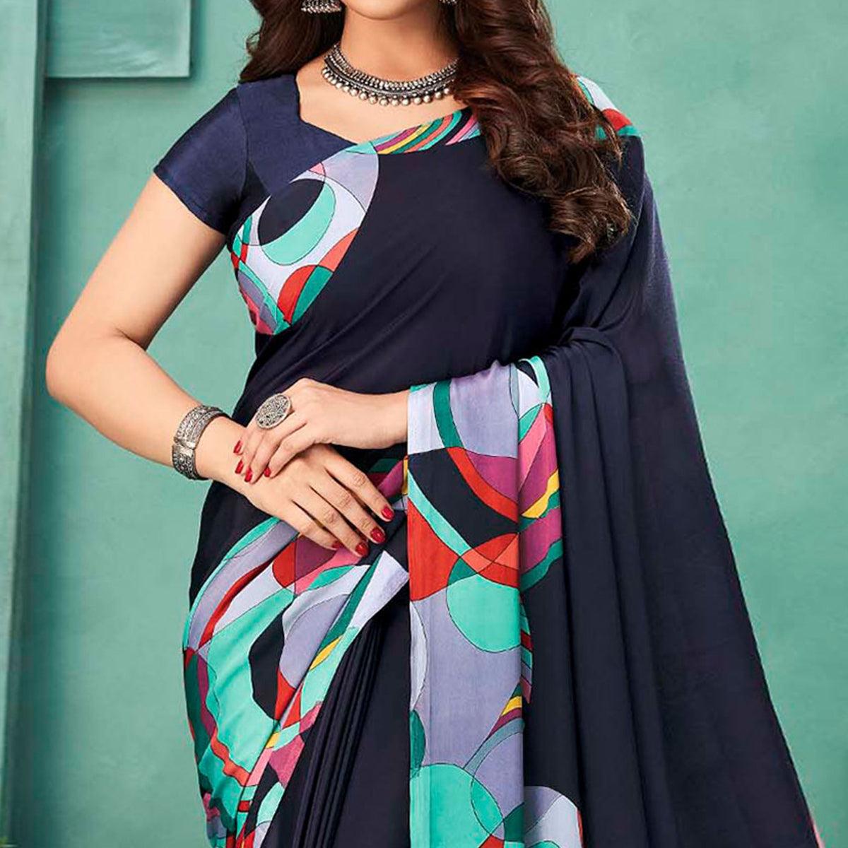 Navy Blue Printed Crepe Saree - Peachmode