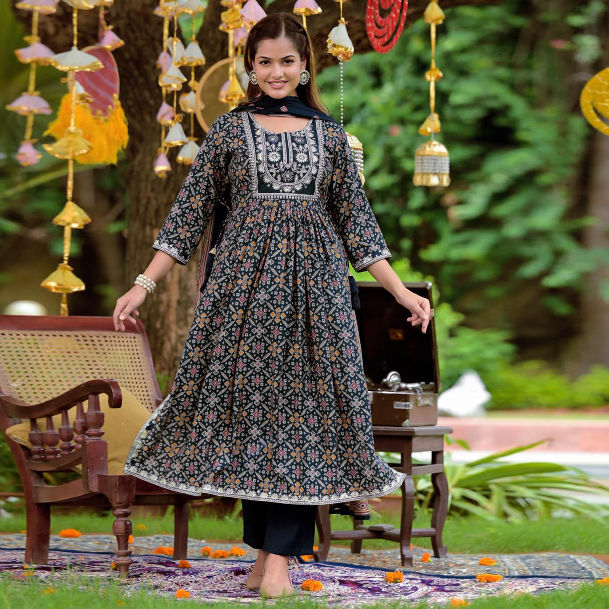 Navy Blue Printed-Embroidered Muslin Anarkali Suit - Peachmode