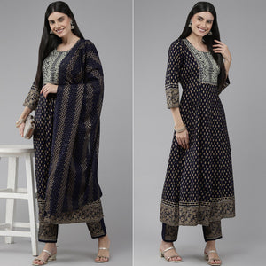 Navy Blue Printed-Embroidered Rayon Anarkali Suit - Peachmode