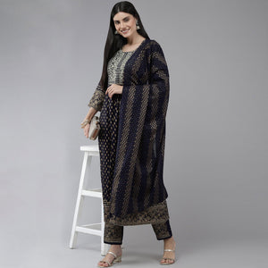 Navy Blue Printed-Embroidered Rayon Anarkali Suit - Peachmode