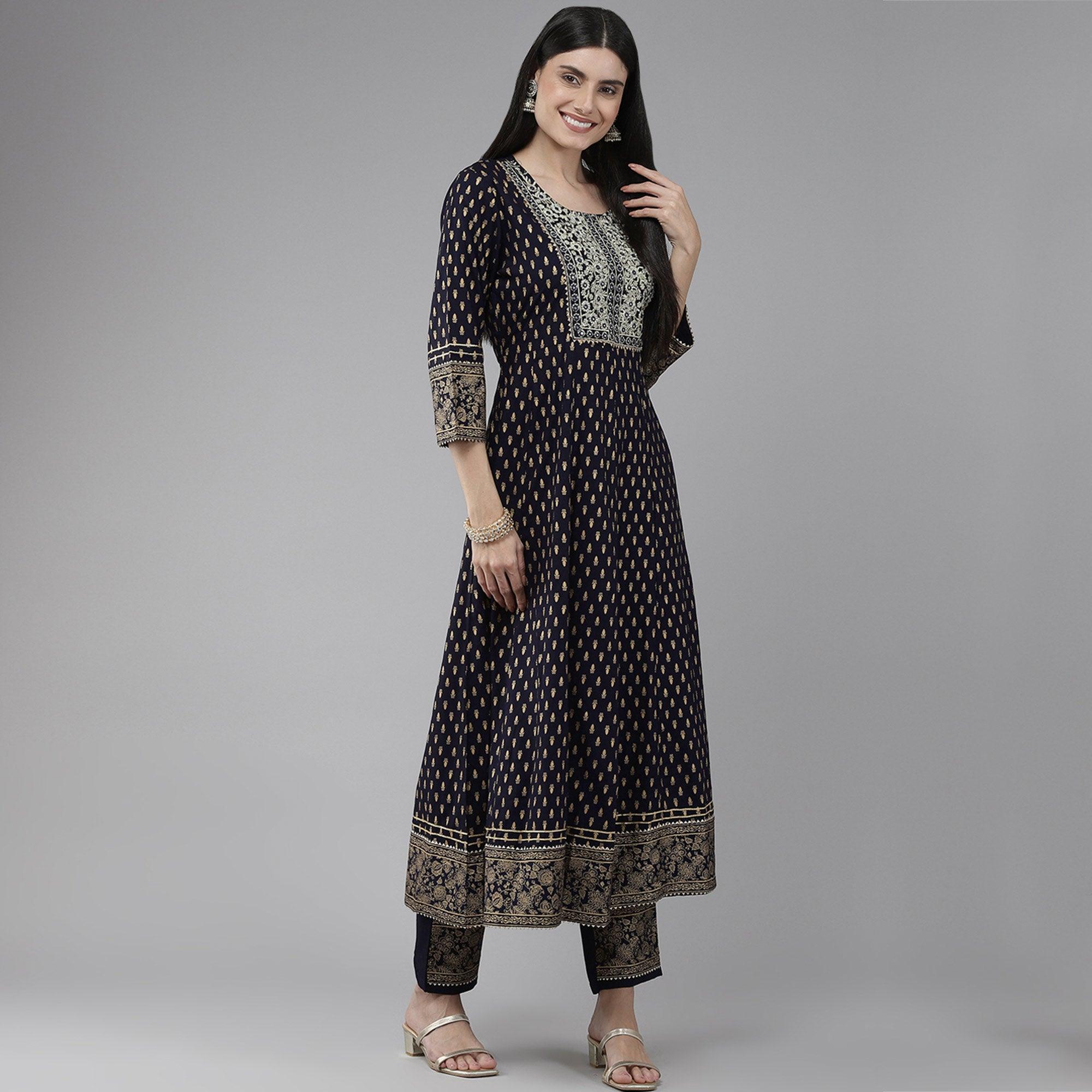 Navy Blue Printed-Embroidered Rayon Anarkali Suit - Peachmode