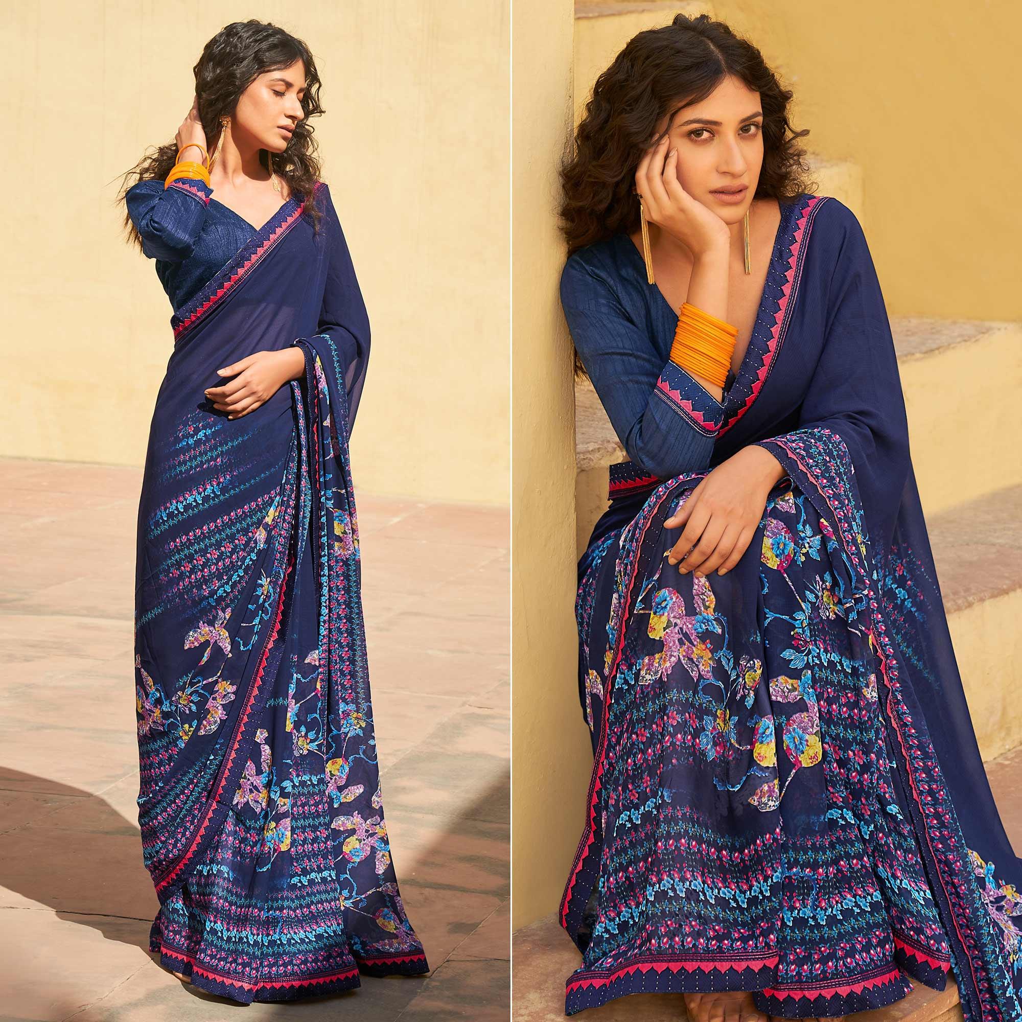 Navy Blue Printed Georgette Saree - Peachmode