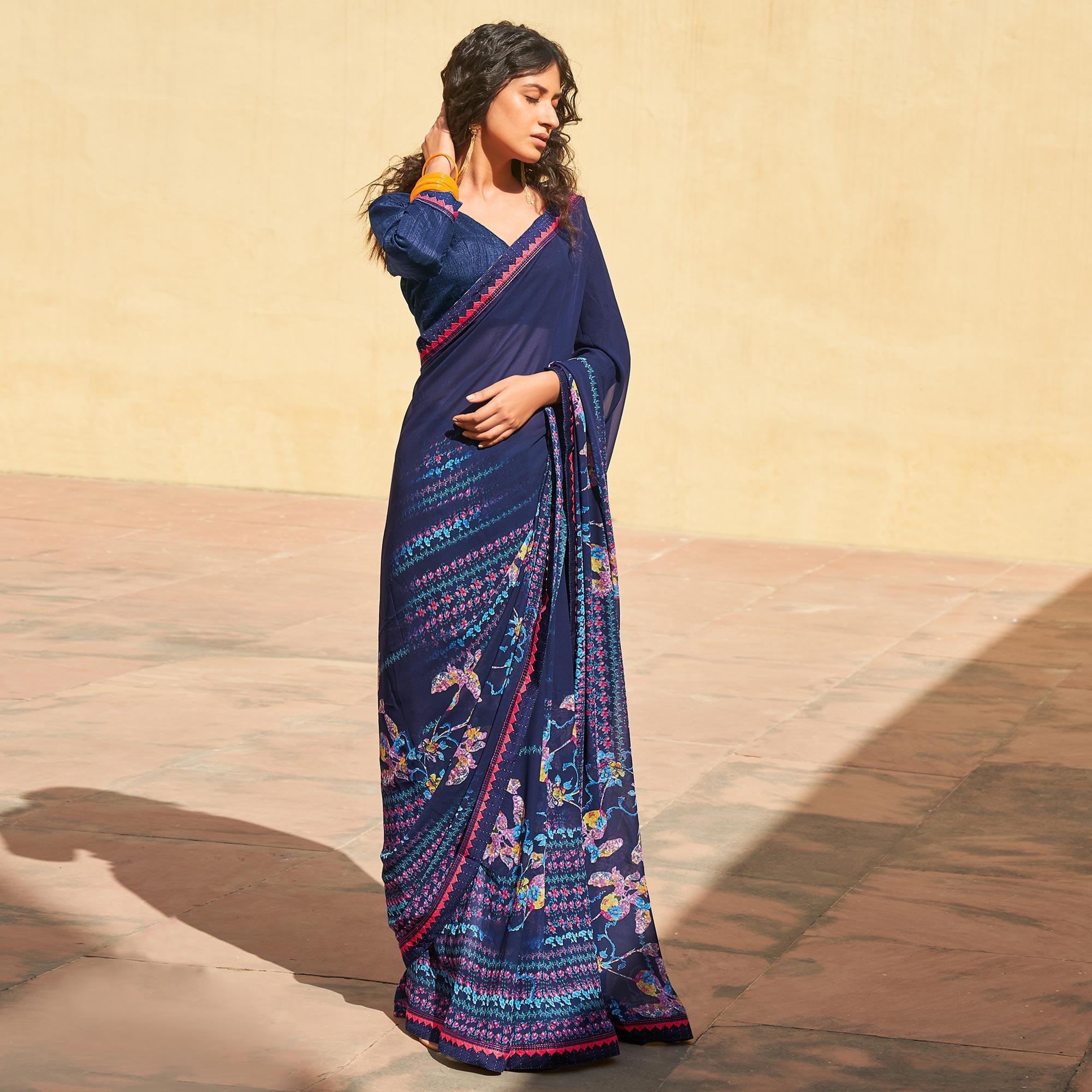 Navy Blue Printed Georgette Saree - Peachmode