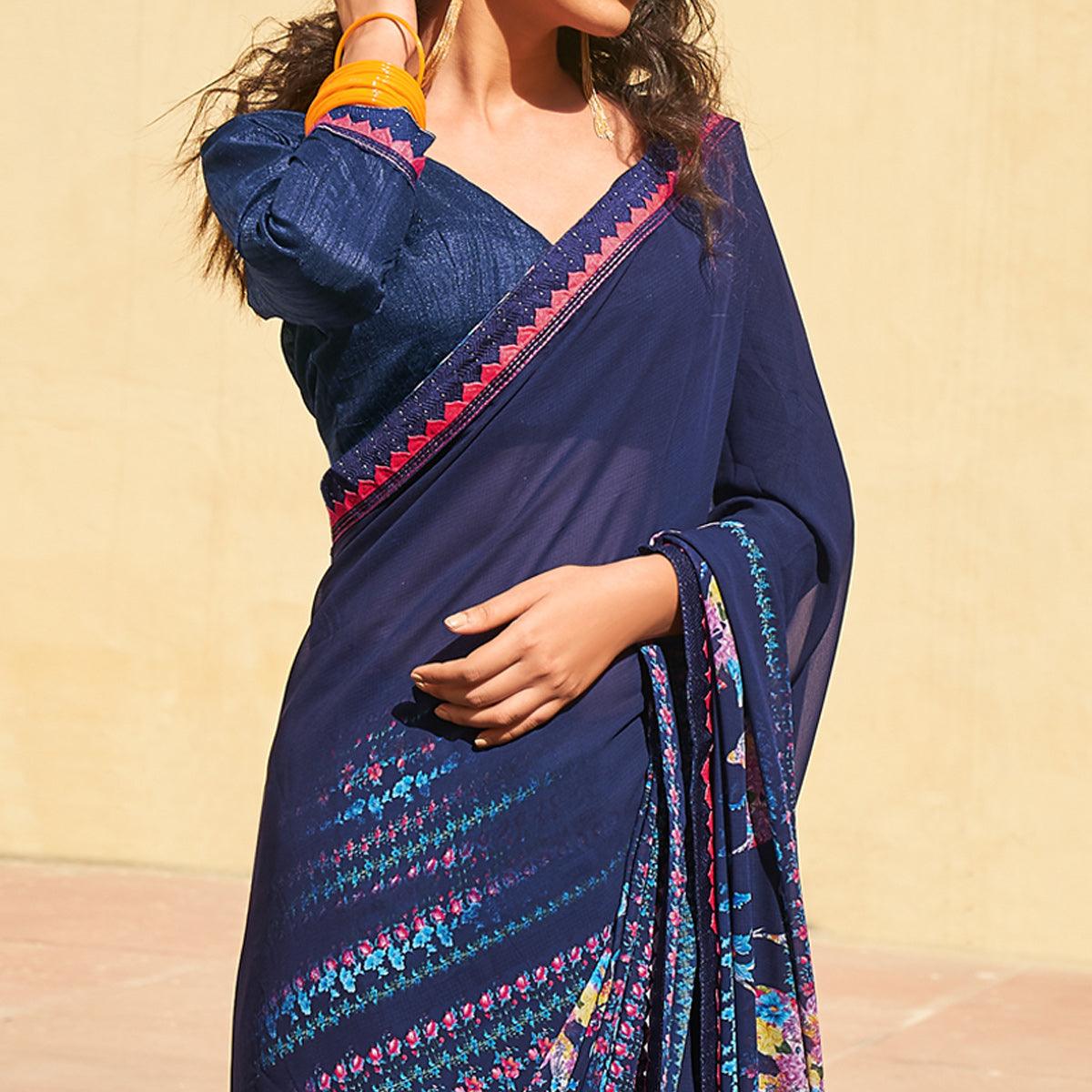 Navy Blue Printed Georgette Saree - Peachmode