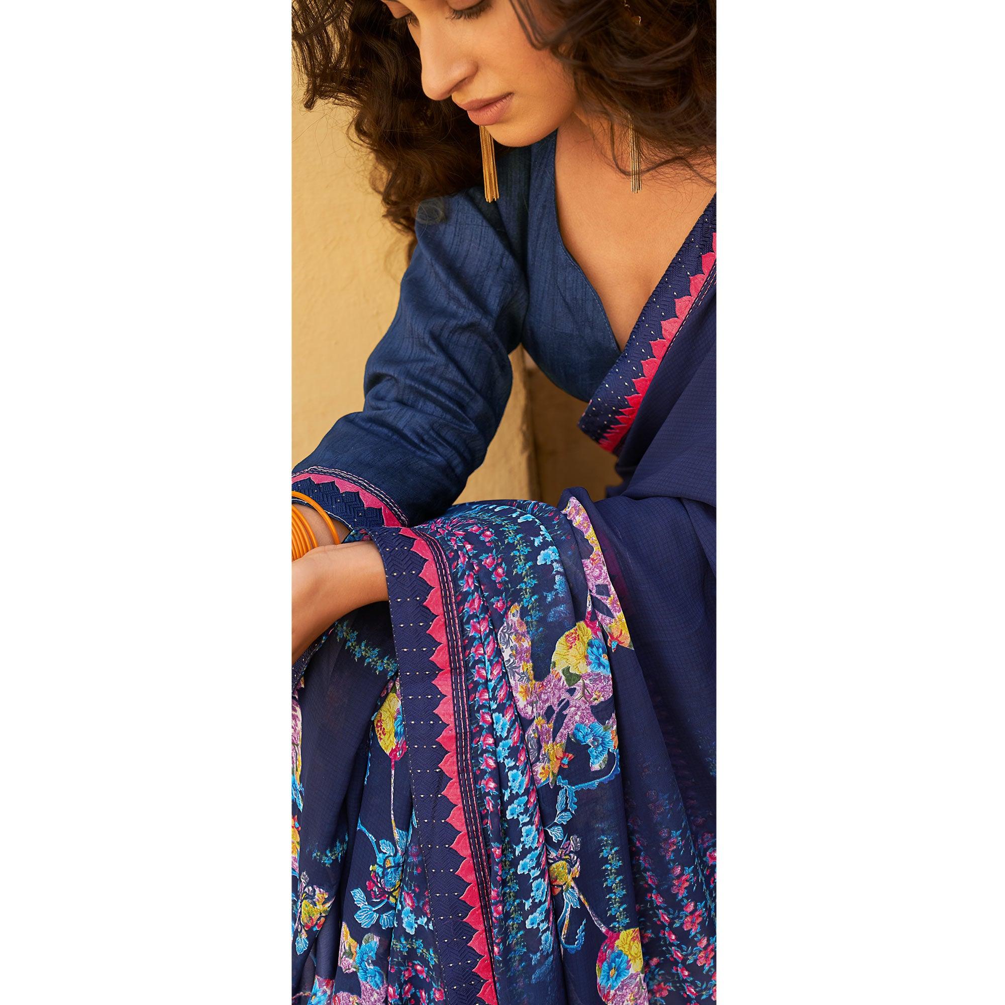 Navy Blue Printed Georgette Saree - Peachmode