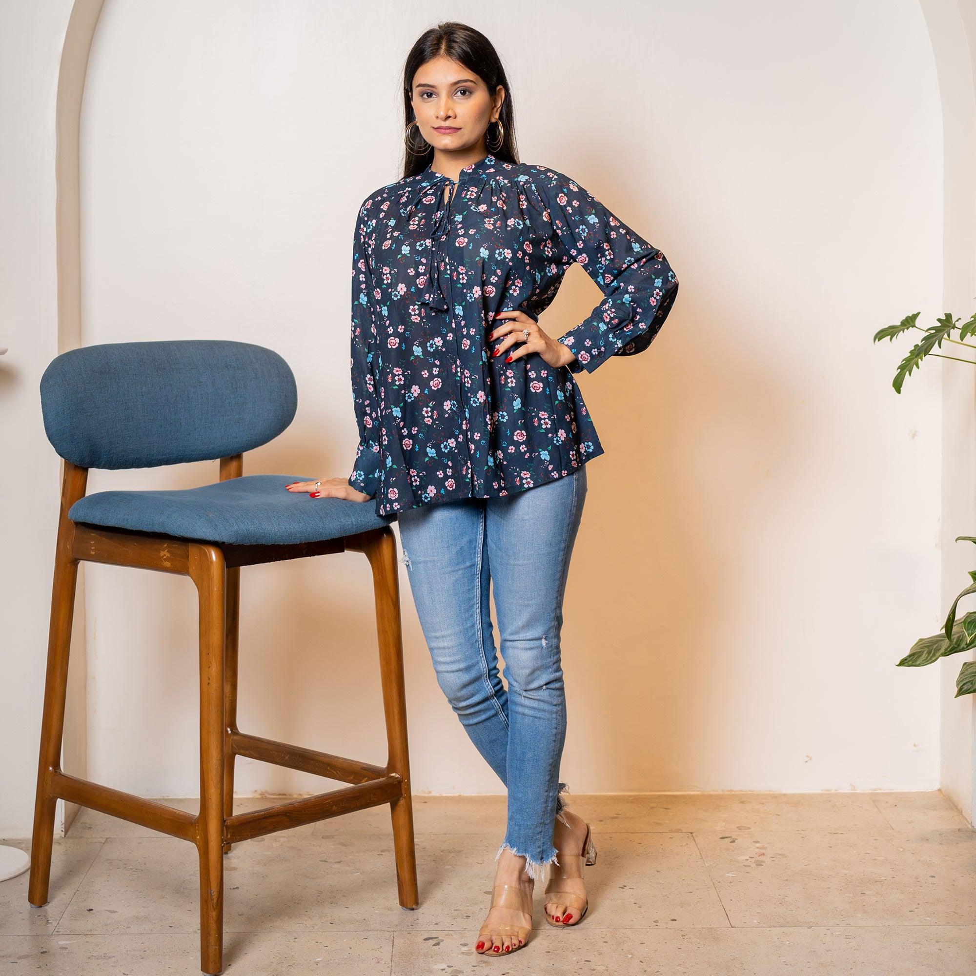 Navy Blue Printed Georgette Top - Peachmode