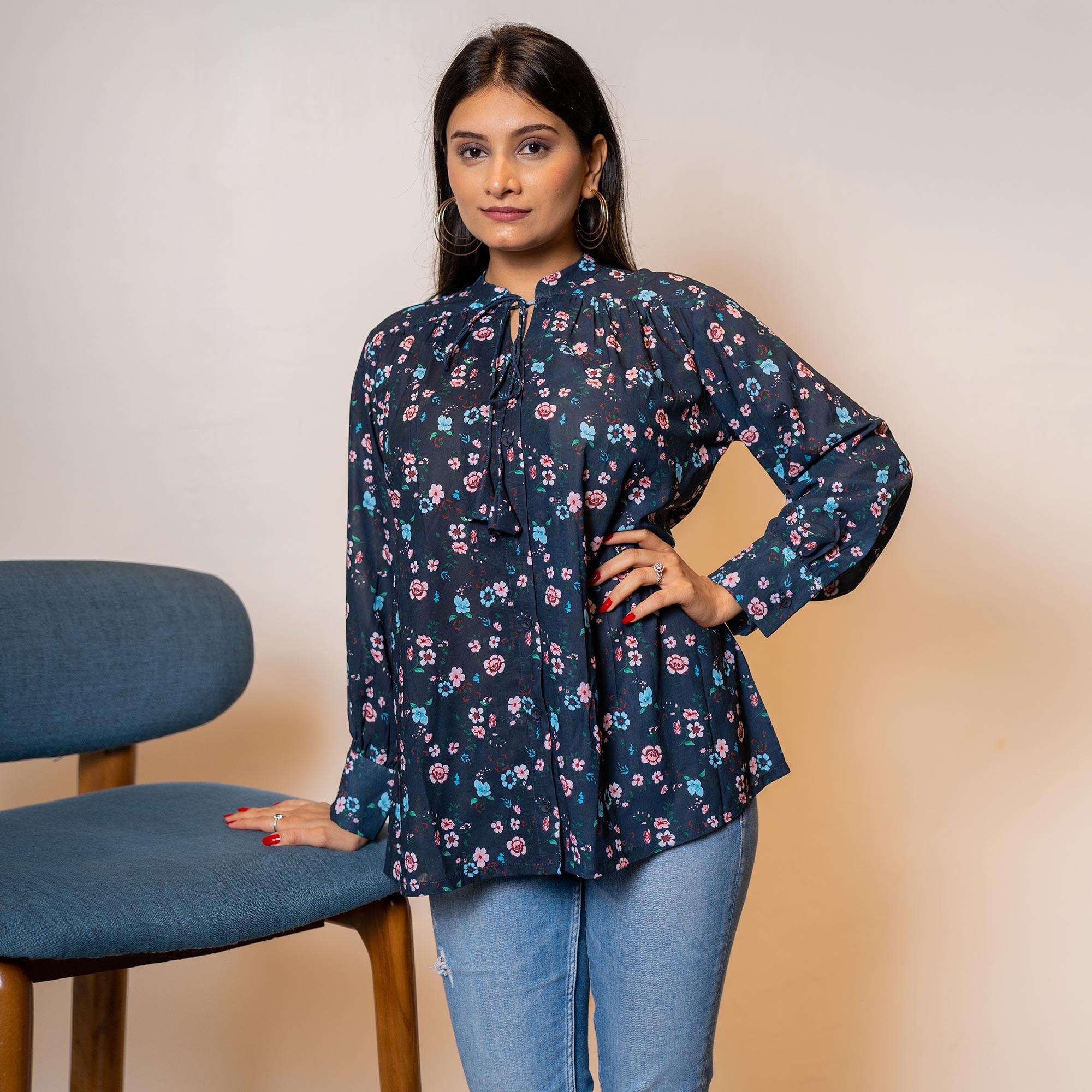 Navy Blue Printed Georgette Top - Peachmode