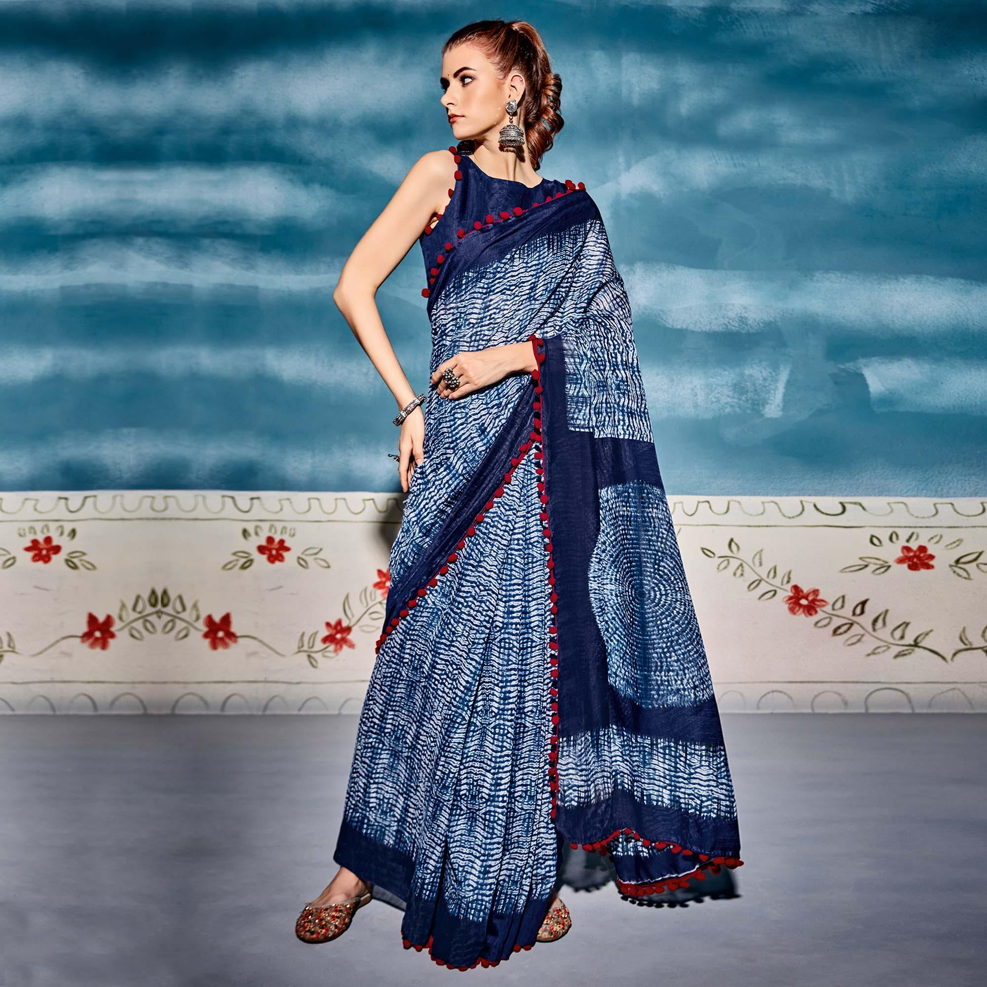Navy Blue Printed Poly Cotton Saree With Pumpum Lace - Peachmode