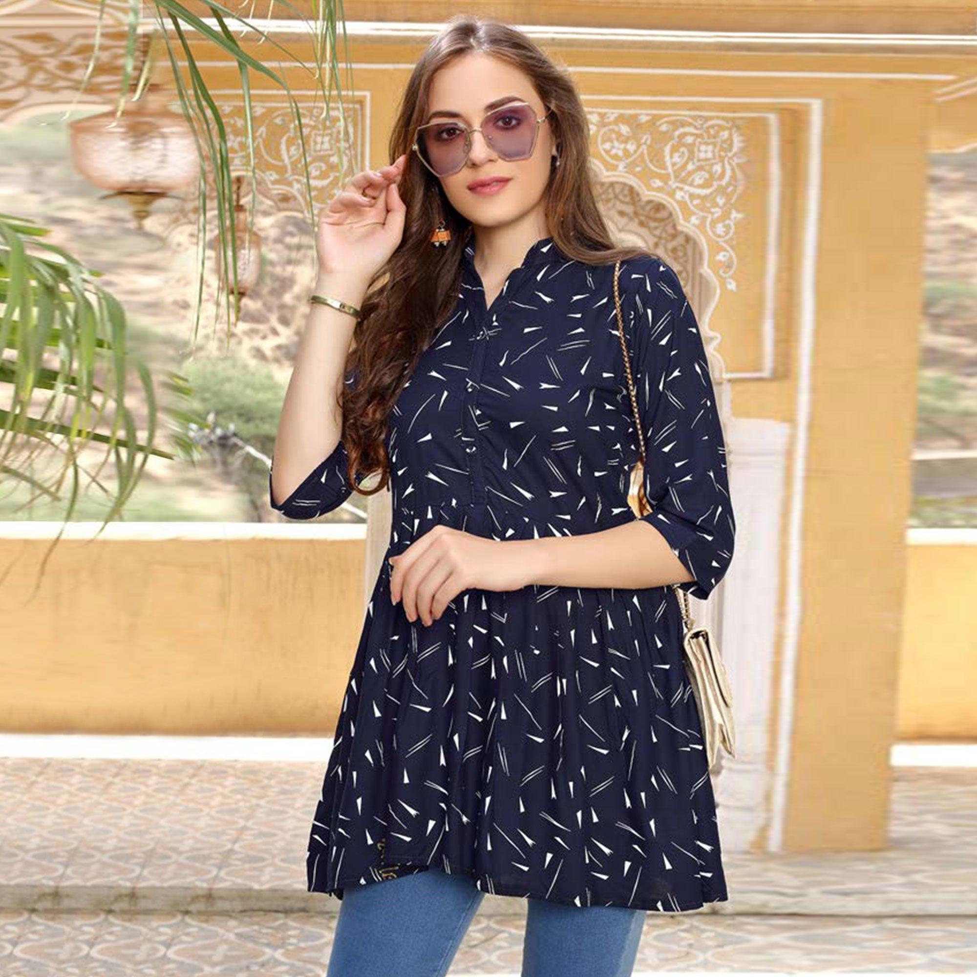 Navy Blue Printed Poly Cotton Top - Peachmode