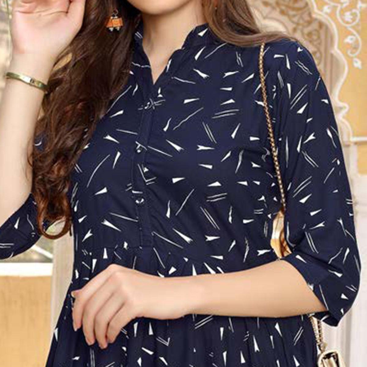 Navy Blue Printed Poly Cotton Top - Peachmode