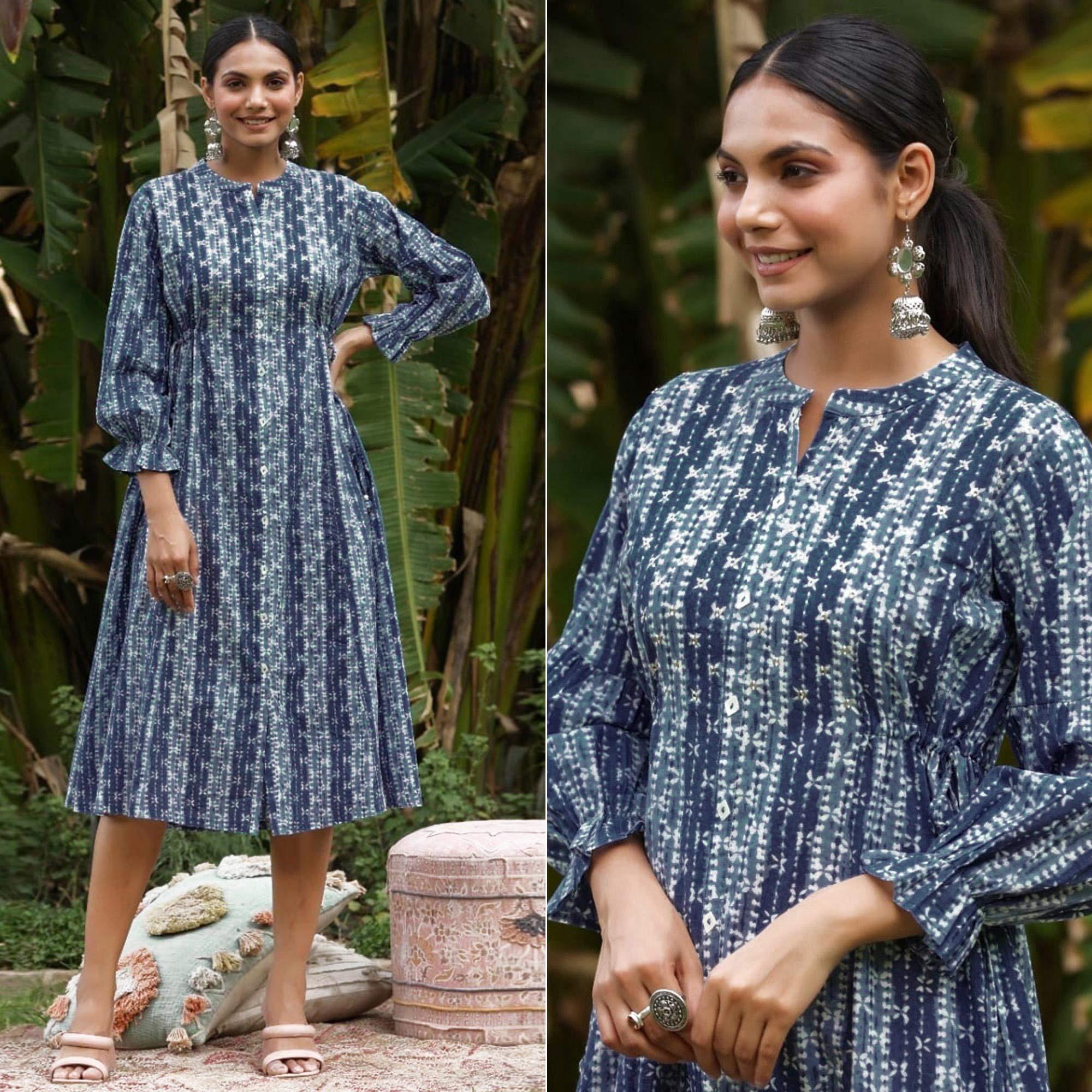Navy Blue Printed Pure Cotton Dress - Peachmode