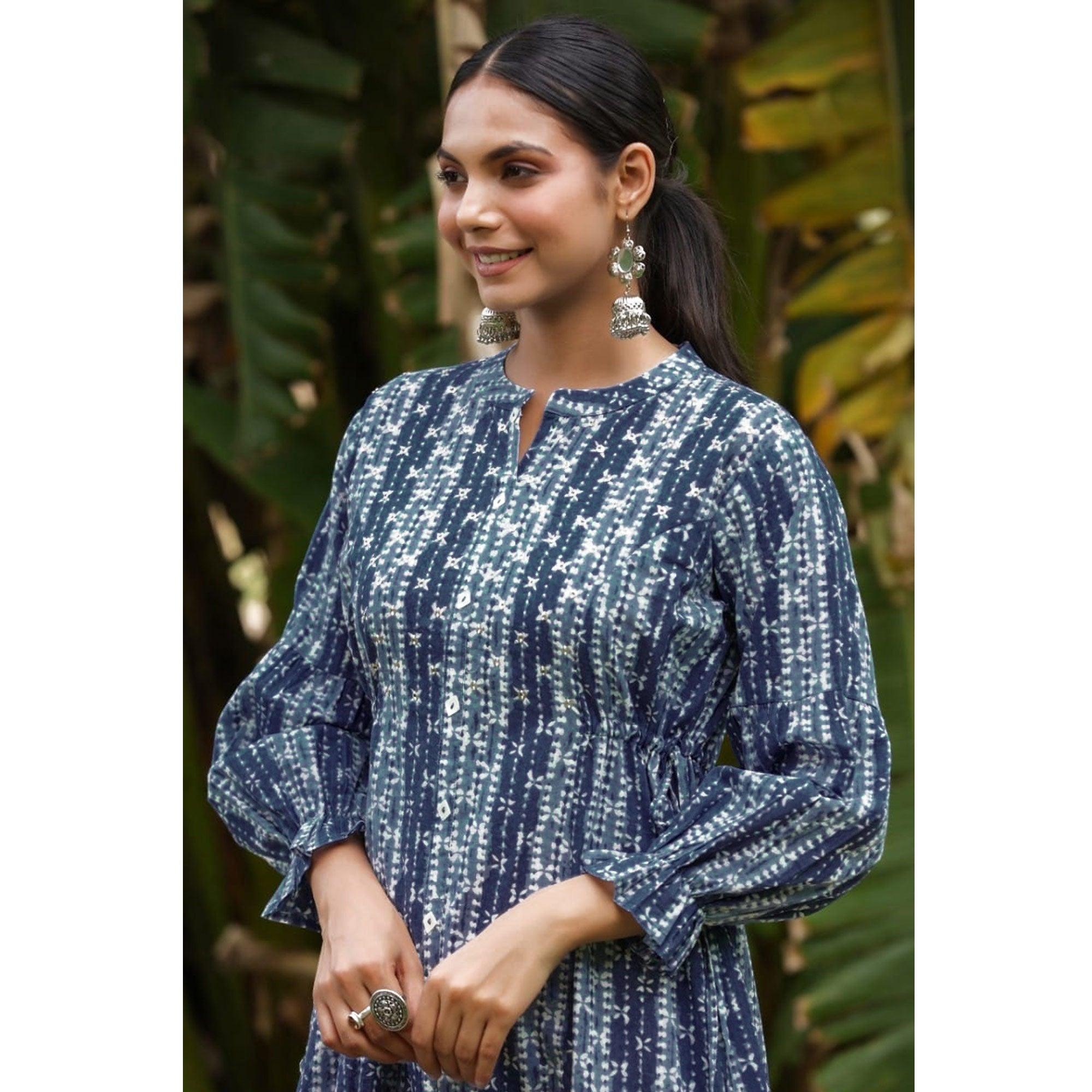 Navy Blue Printed Pure Cotton Dress - Peachmode