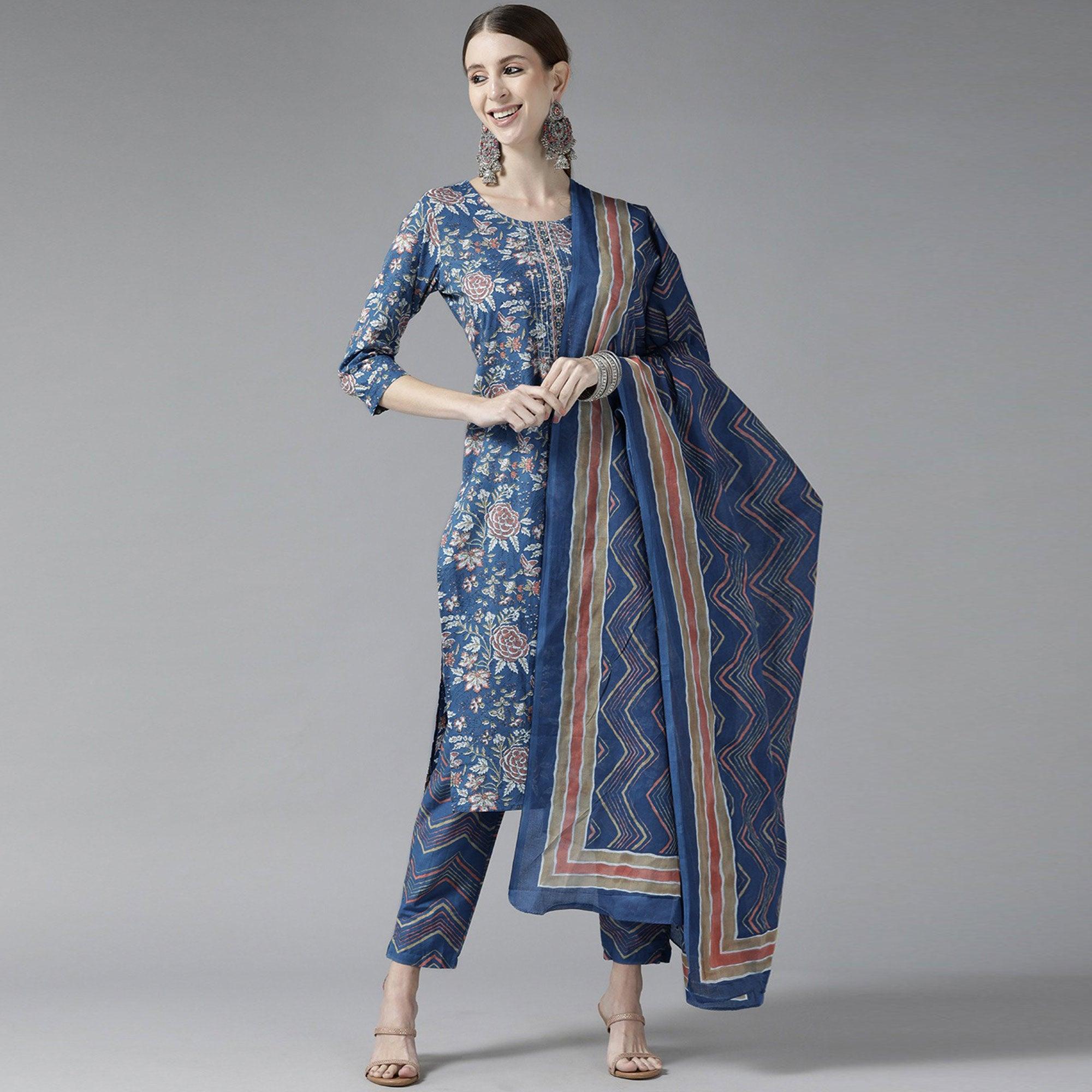 Navy Blue Printed Pure Cotton Kurti Pant Set with Dupatta - Peachmode