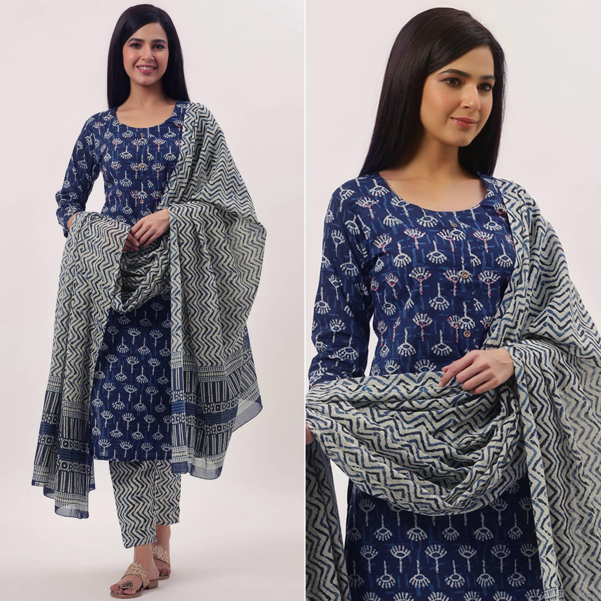 Navy Blue Printed Pure Cotton Kurti Pant Set With Dupatta - Peachmode