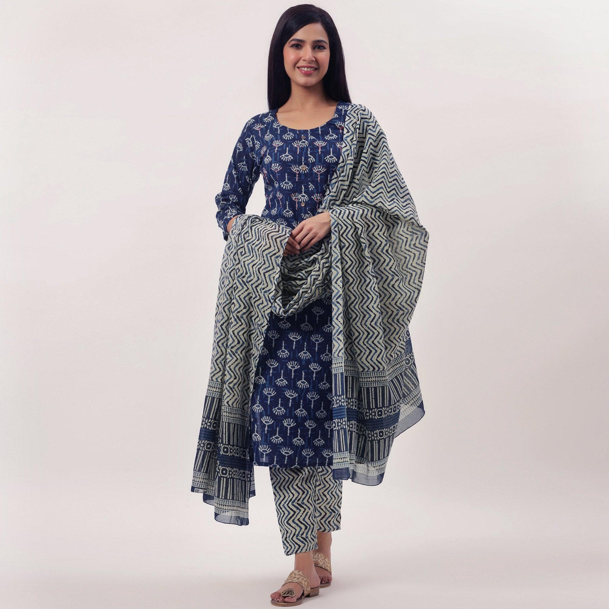 Navy Blue Printed Pure Cotton Kurti Pant Set With Dupatta - Peachmode