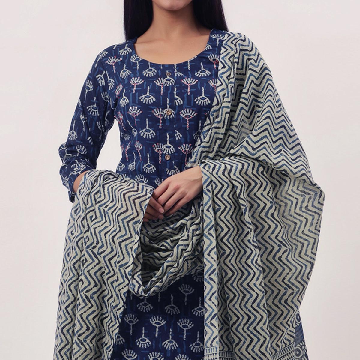 Navy Blue Printed Pure Cotton Kurti Pant Set With Dupatta - Peachmode