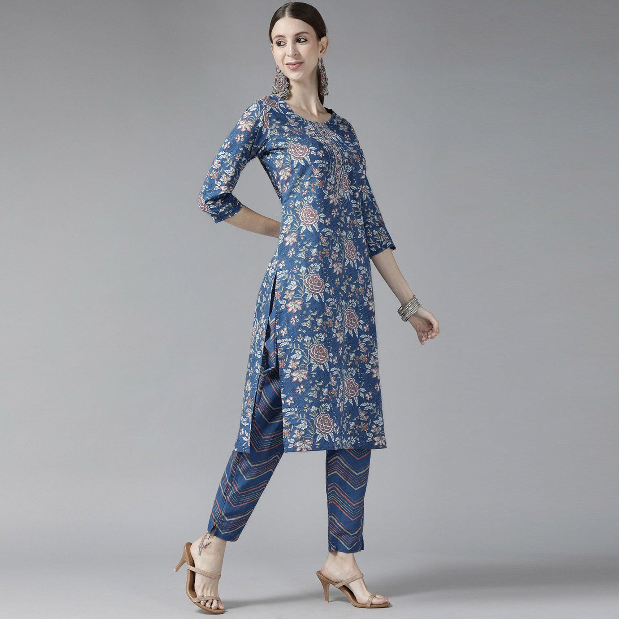 Navy Blue Printed Pure Cotton Kurti Pant Set with Dupatta - Peachmode