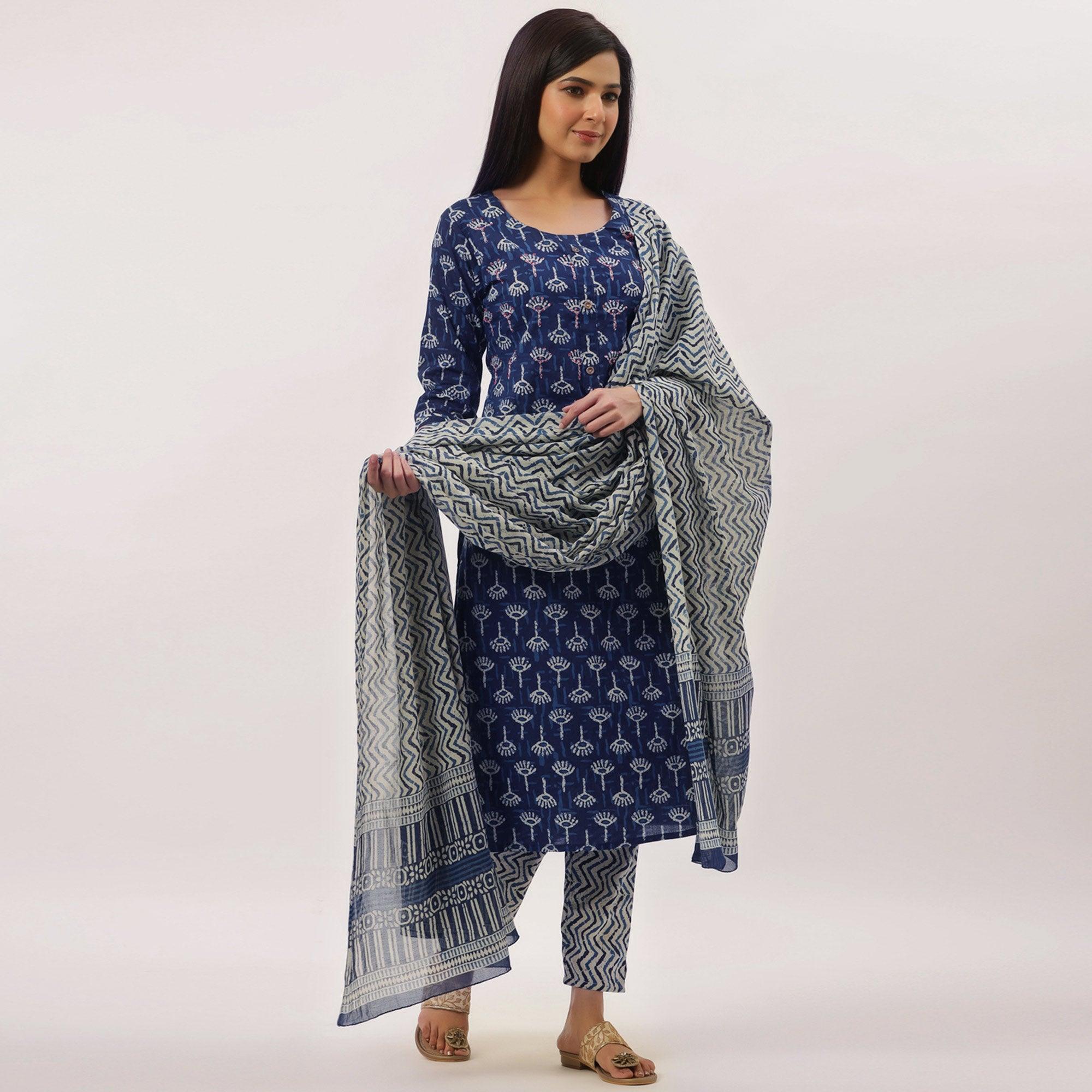 Navy Blue Printed Pure Cotton Kurti Pant Set With Dupatta - Peachmode