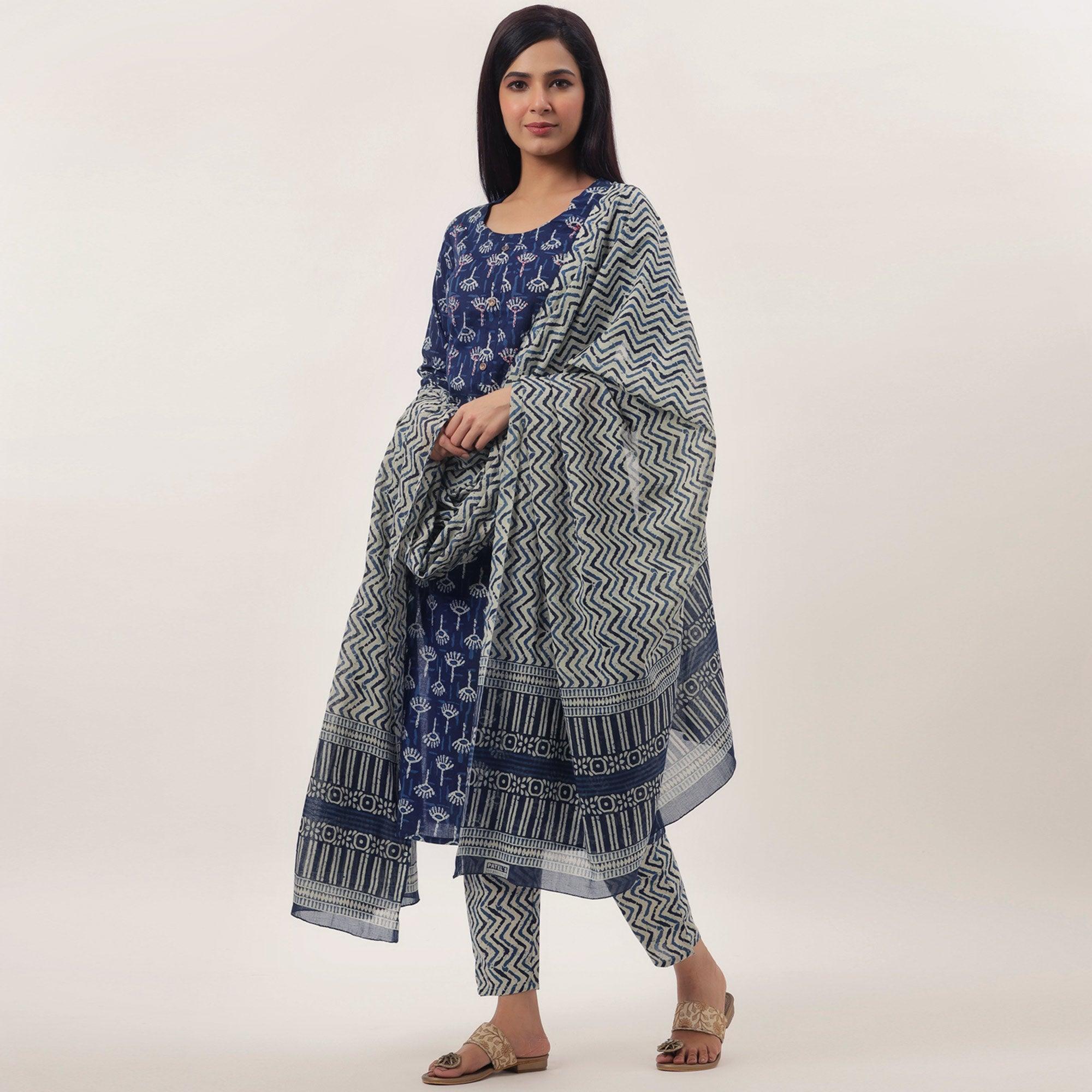 Navy Blue Printed Pure Cotton Kurti Pant Set With Dupatta - Peachmode