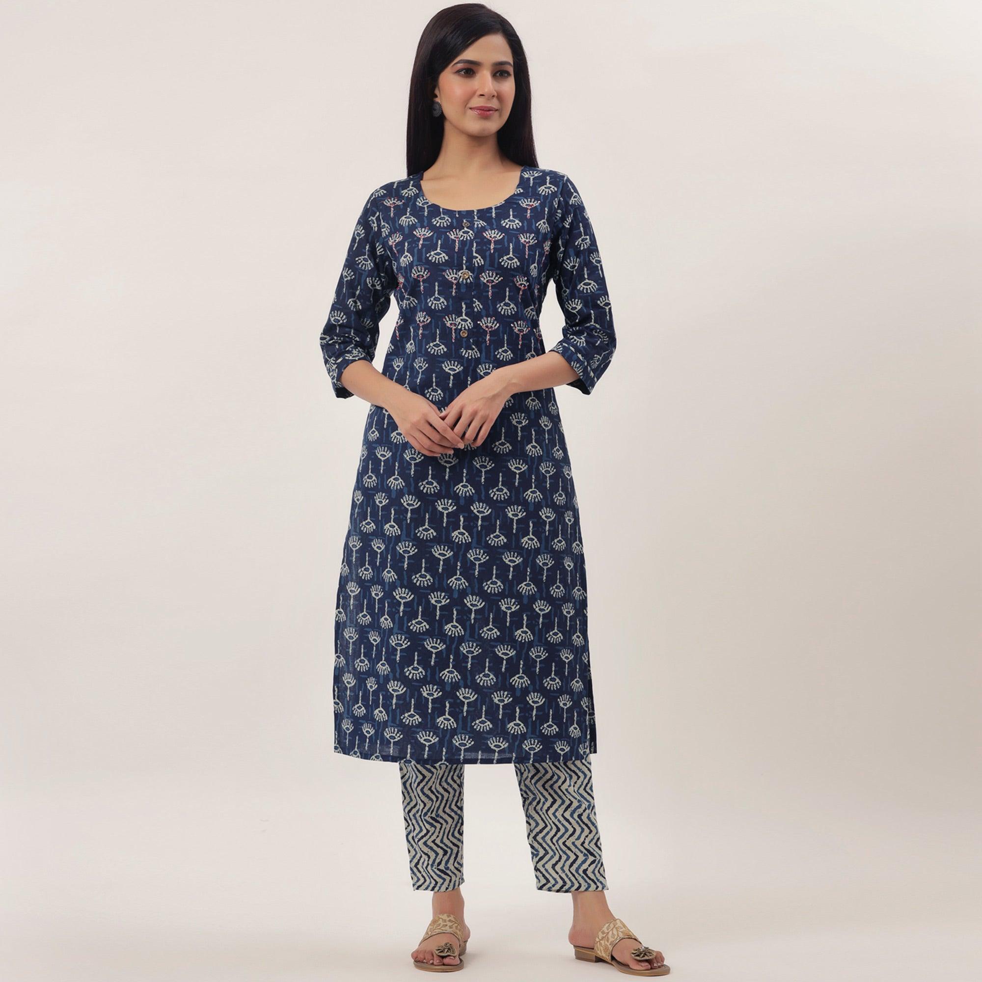 Navy Blue Printed Pure Cotton Kurti Pant Set With Dupatta - Peachmode