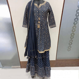 Navy Blue Printed Pure Cotton Sharara Suit - Peachmode