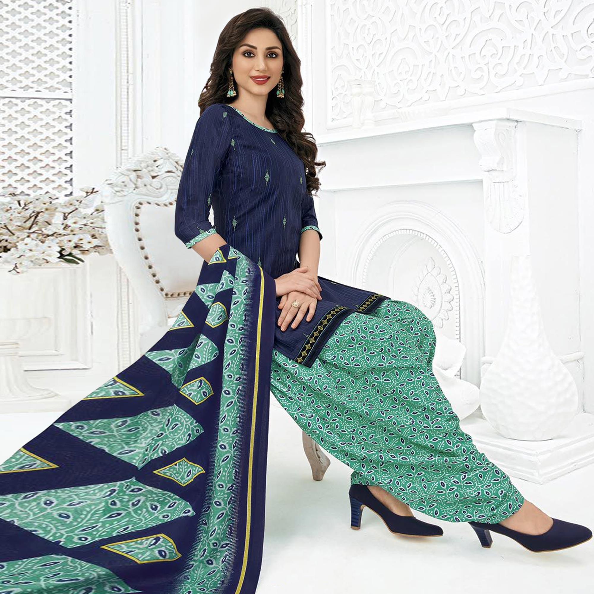 Navy Blue Printed Pure Cotton Stitched Patiala Suit - Peachmode
