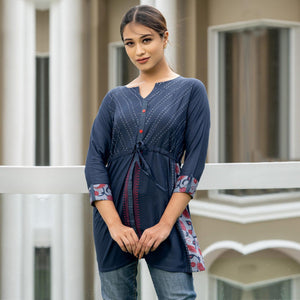 Navy Blue Printed Pure Cotton Top - Peachmode