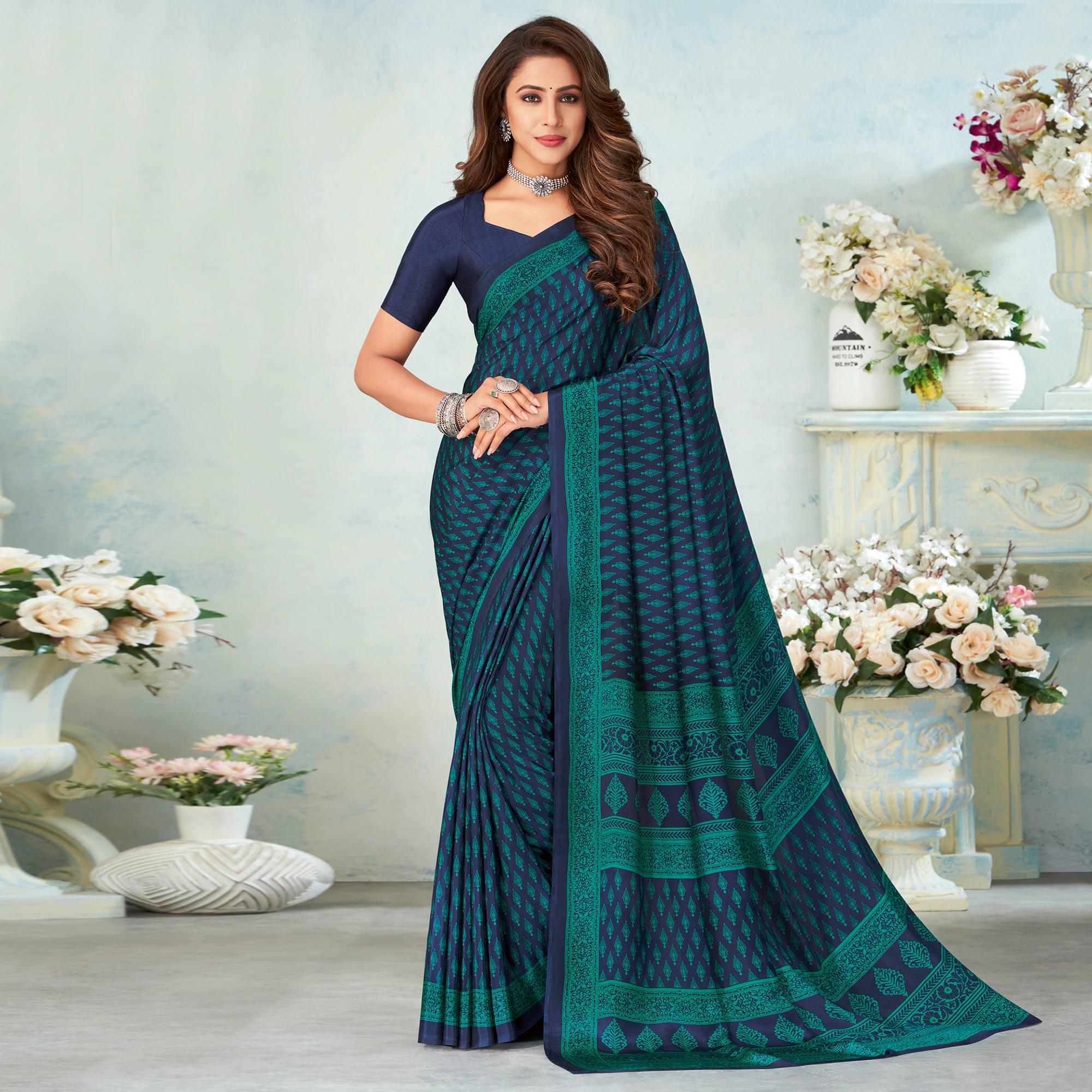 Navy Blue Printed Raw Silk Saree - Peachmode