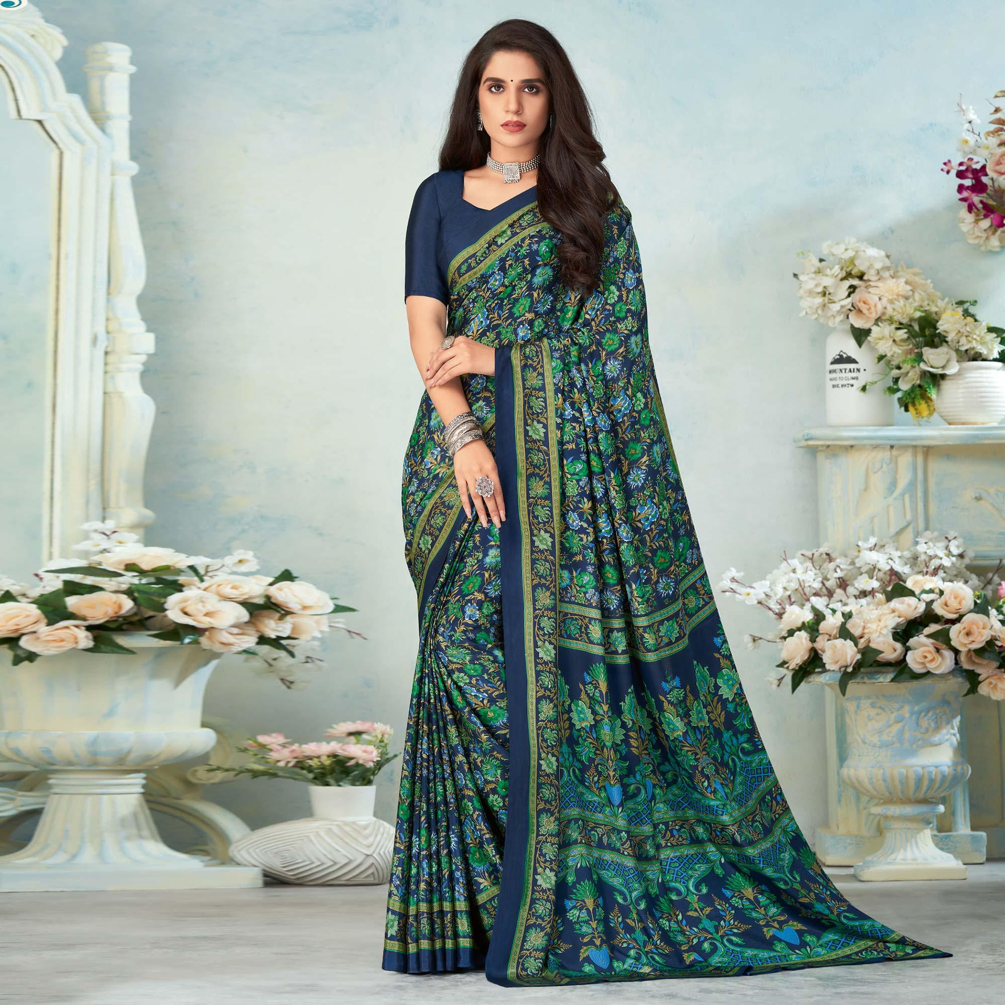 Navy Blue Printed Raw Silk Saree - Peachmode