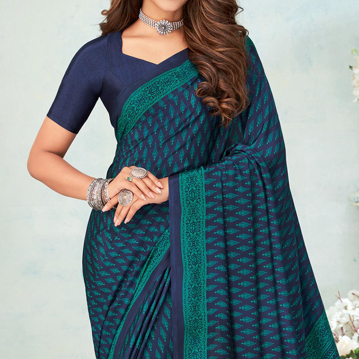 Navy Blue Printed Raw Silk Saree - Peachmode