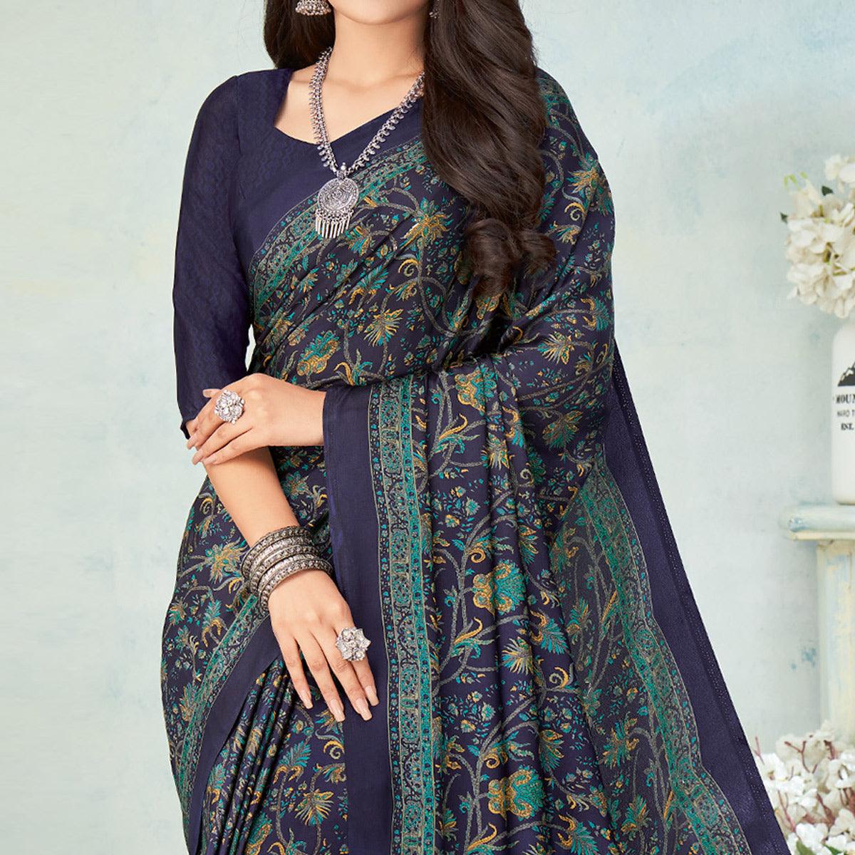 Navy Blue Printed Raw Silk Saree - Peachmode