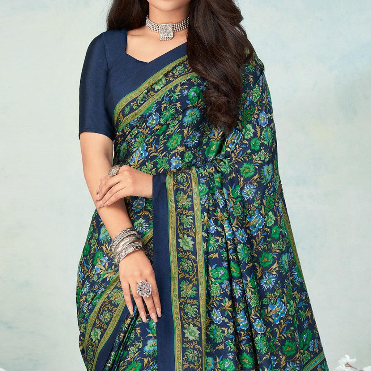 Navy Blue Printed Raw Silk Saree - Peachmode