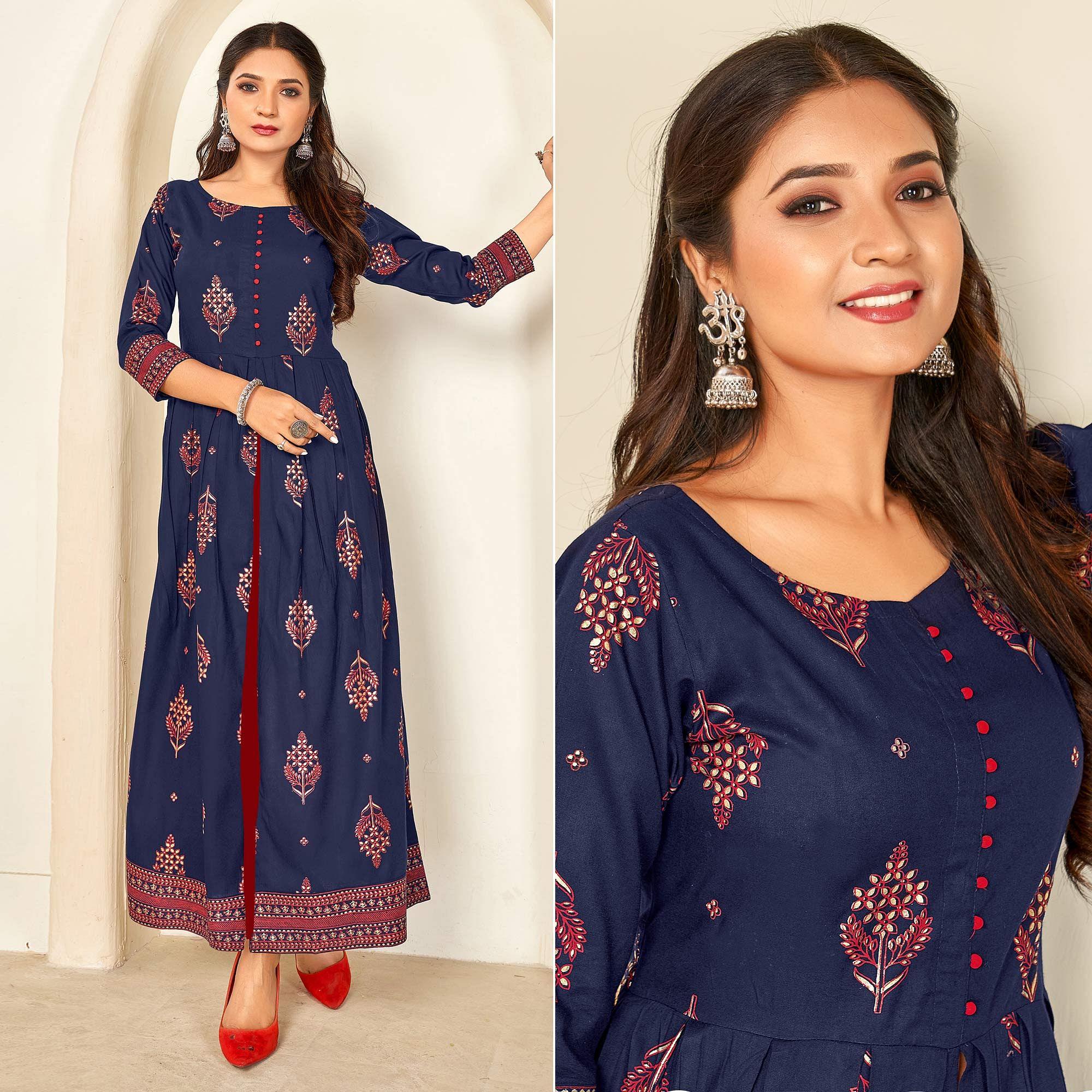 Navy Blue Printed Rayon Anarkali Kurti - Peachmode