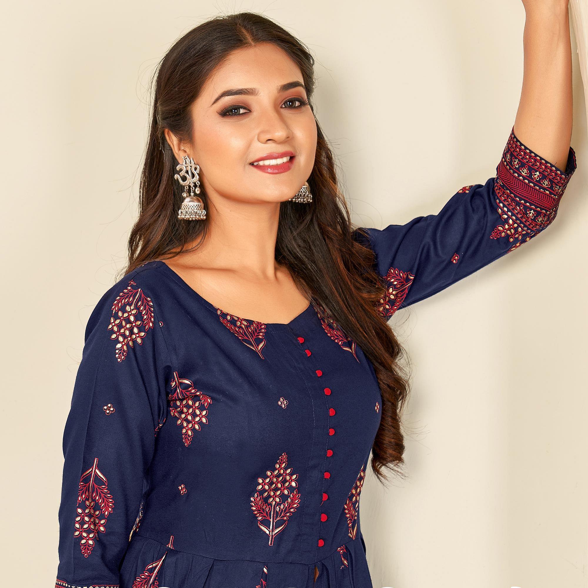 Navy Blue Printed Rayon Anarkali Kurti - Peachmode