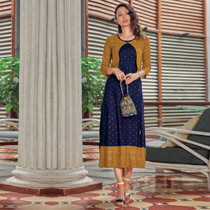 Navy Blue Printed Rayon Anarkali Kurti - Peachmode