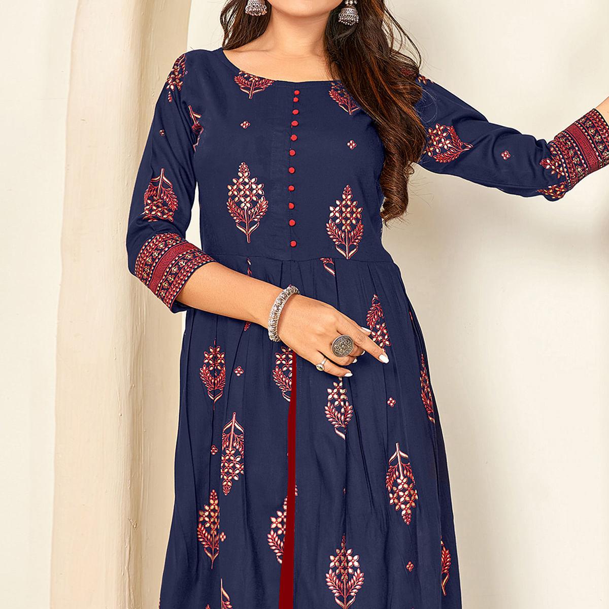 Navy Blue Printed Rayon Anarkali Kurti - Peachmode