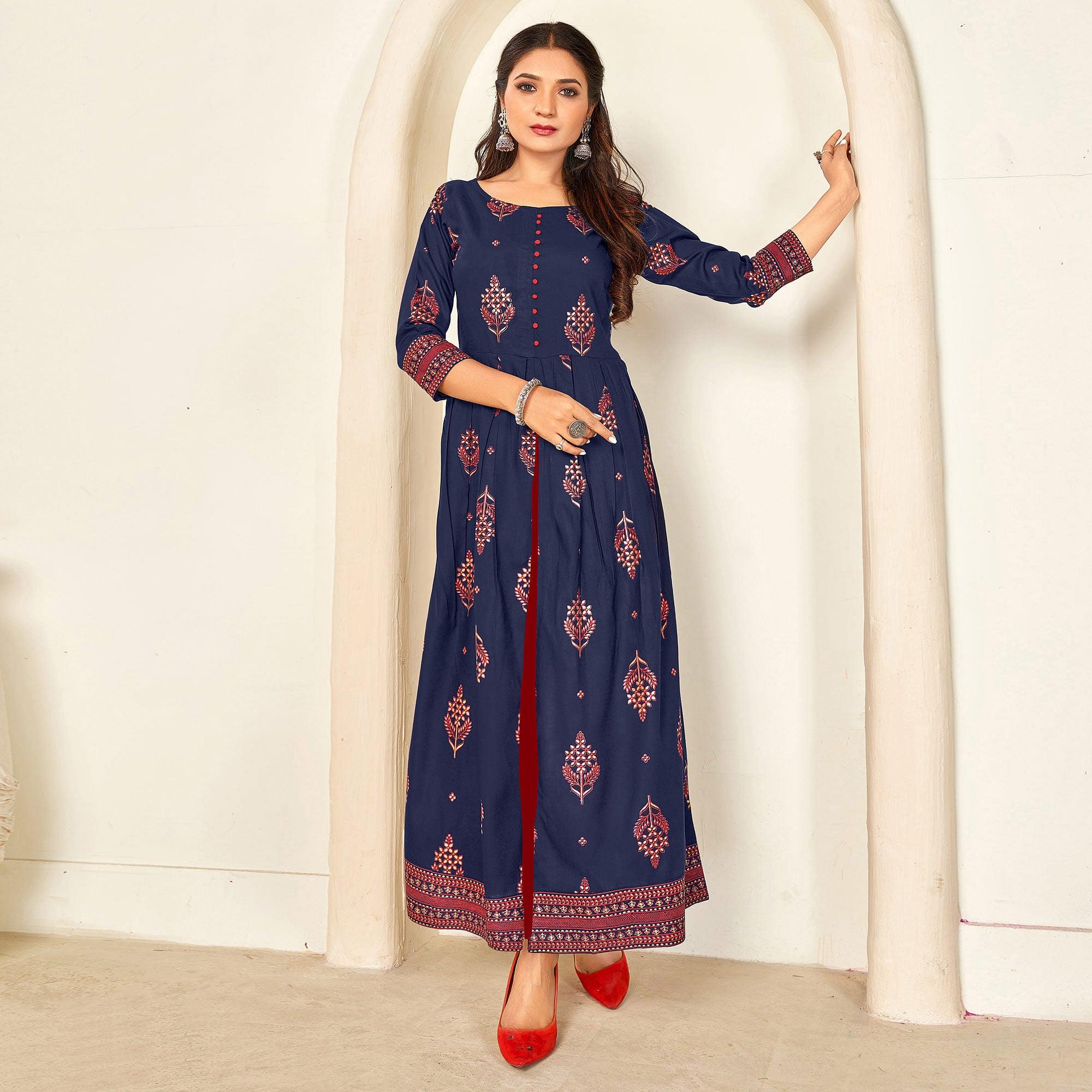 Navy Blue Printed Rayon Anarkali Kurti - Peachmode