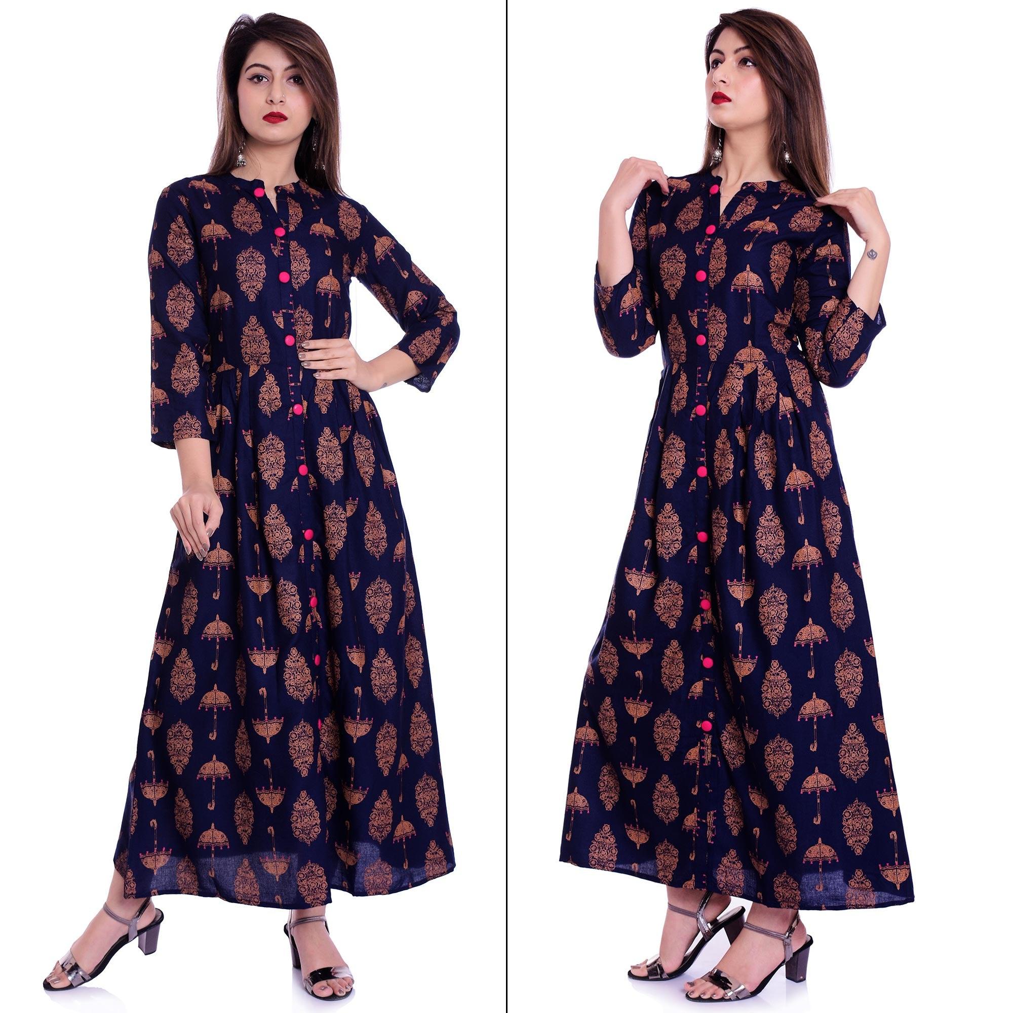 Navy Blue Printed Rayon Kurti - Peachmode