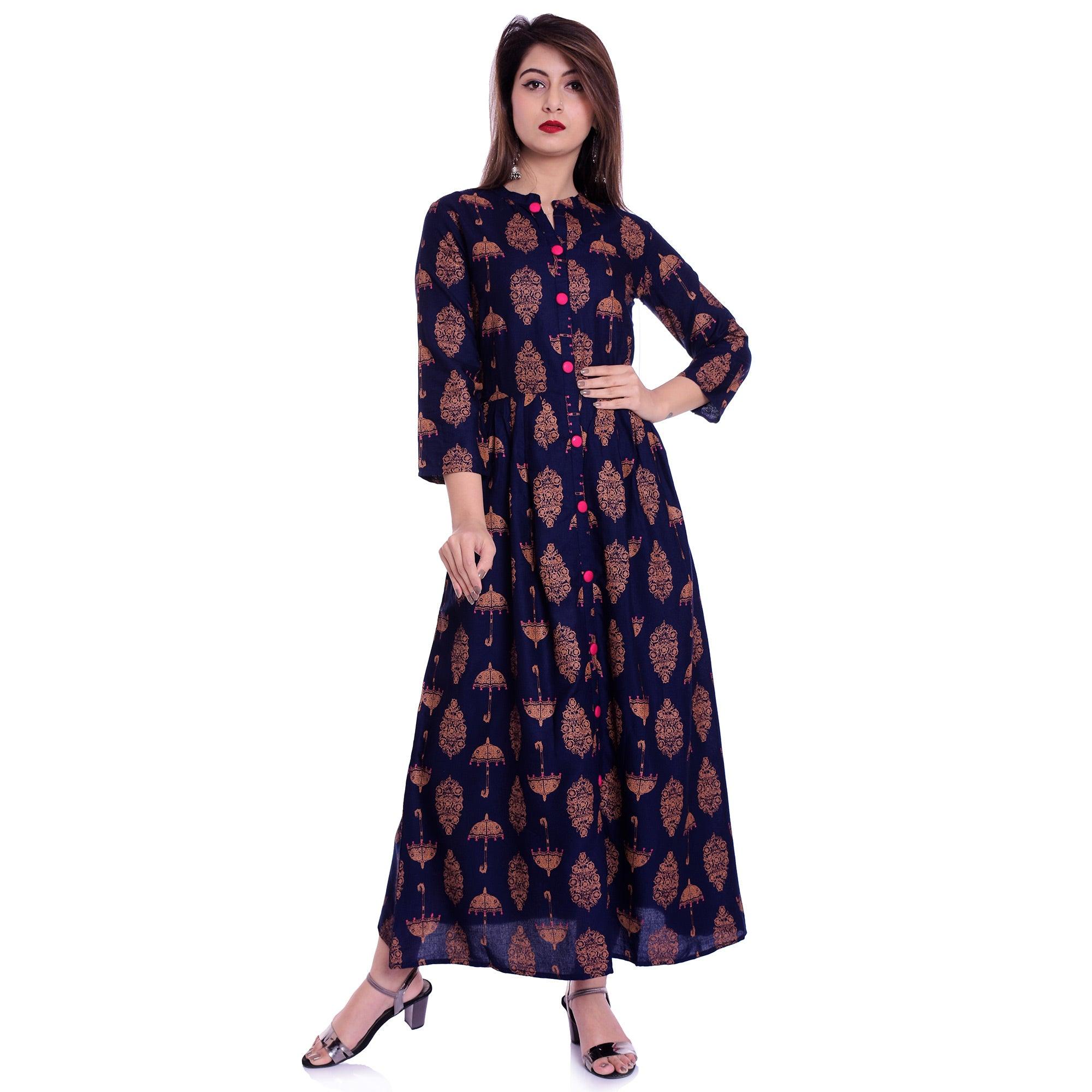 Navy Blue Printed Rayon Kurti - Peachmode