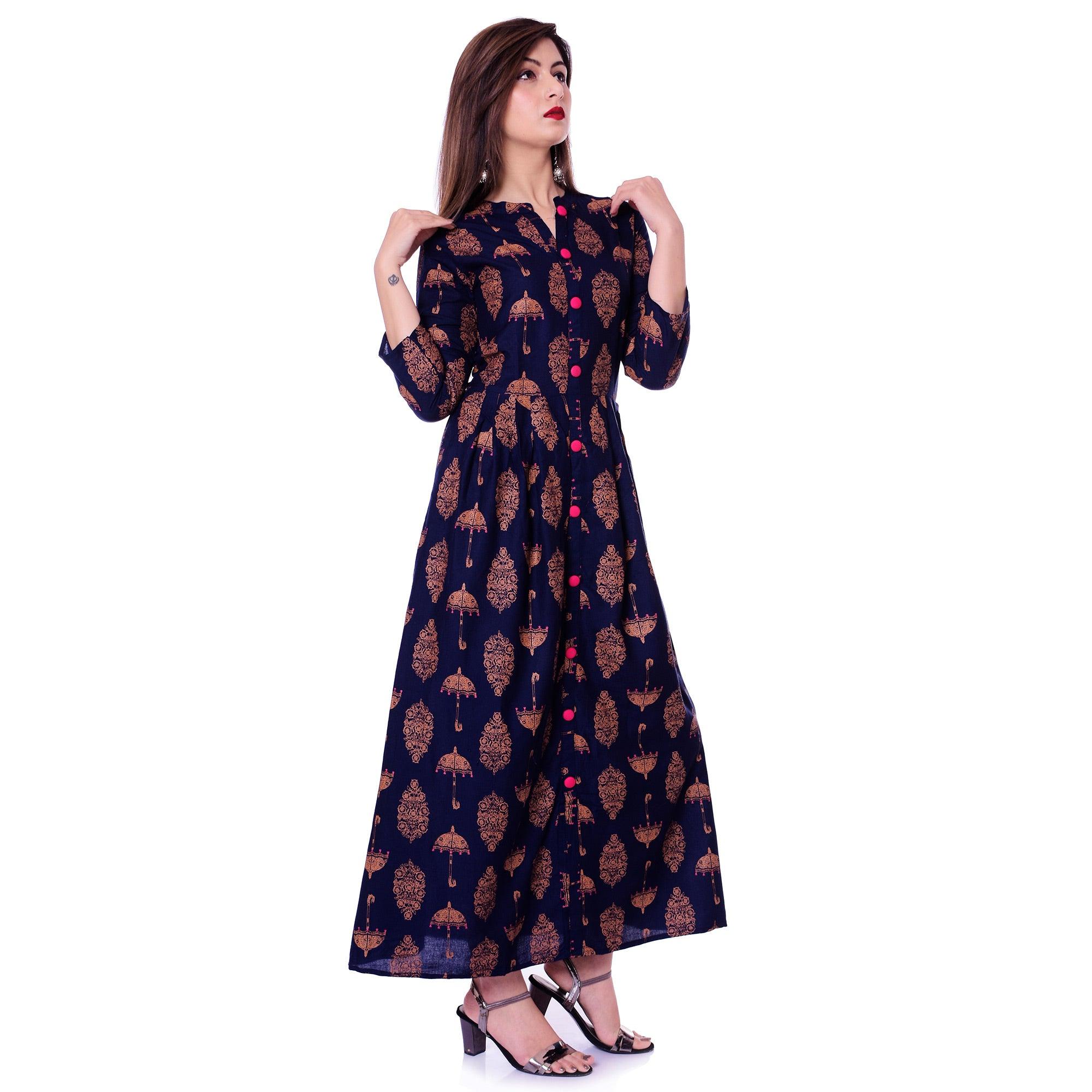 Navy Blue Printed Rayon Kurti - Peachmode