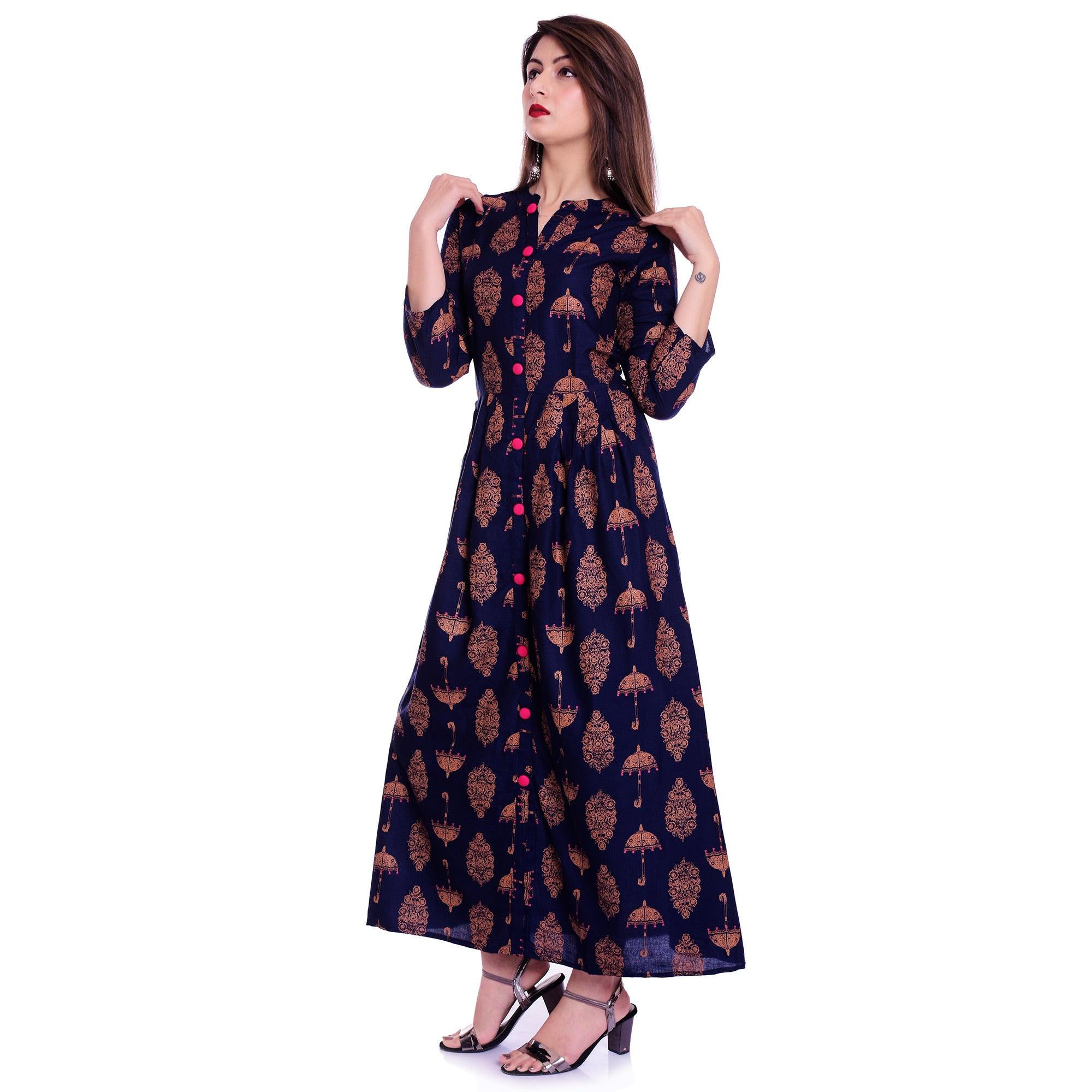 Navy Blue Printed Rayon Kurti - Peachmode