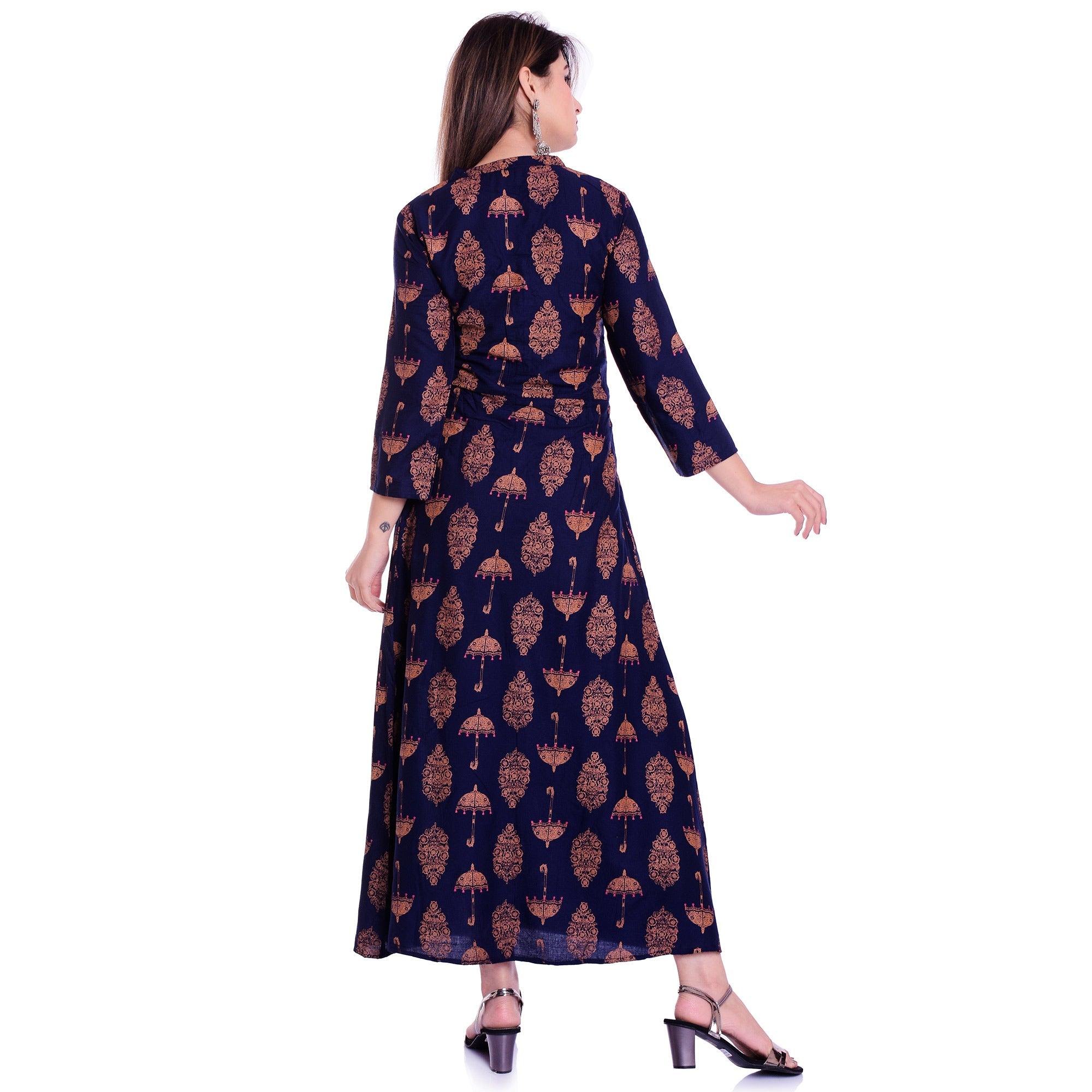Navy Blue Printed Rayon Kurti - Peachmode